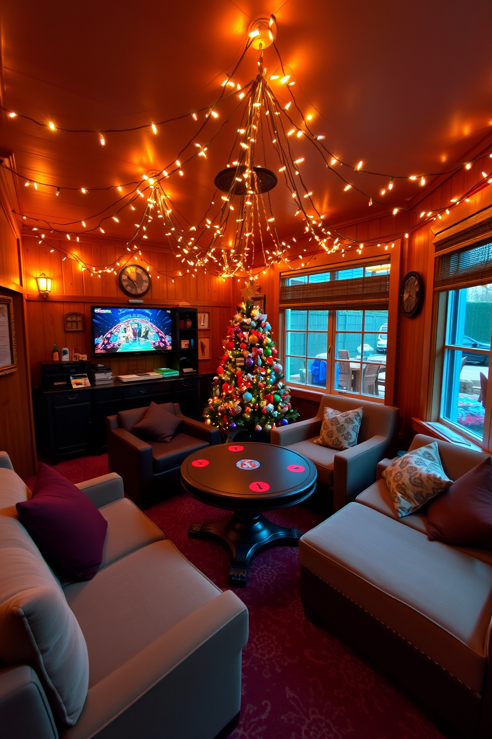 A cozy gaming nook filled with soft cushions and a plush throw blanket. The space is illuminated by warm festive lights that create a welcoming atmosphere for gaming sessions. The walls are adorned with holiday-themed decorations, and a small Christmas tree adds a festive touch. A comfortable gaming chair sits in front of a large screen, inviting players to enjoy their favorite games.