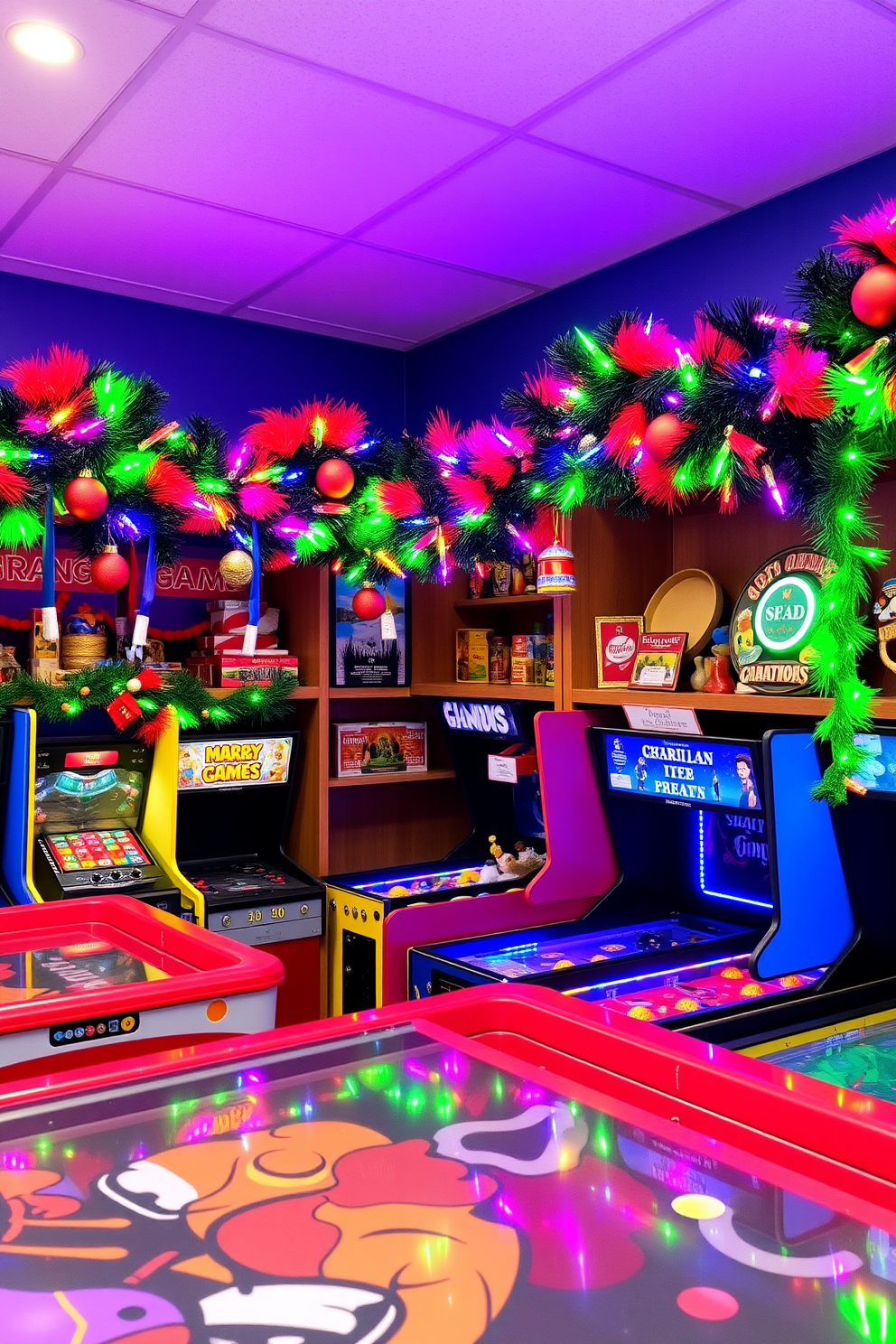 A vibrant game room filled with festive cheer. Colorful garlands are draped over the shelves, adorned with twinkling lights and playful ornaments.