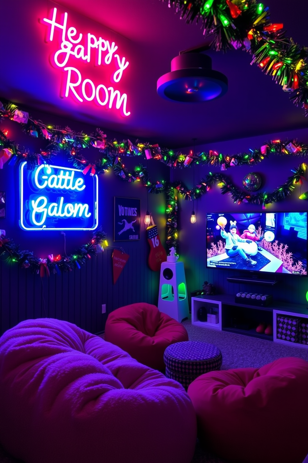 Create a vibrant game room filled with festive decorations. LED neon signs with cheerful messages illuminate the space, adding a playful touch to the holiday atmosphere. The walls are adorned with colorful garlands and twinkling fairy lights. A cozy seating area features plush bean bags and a large screen for gaming, creating an inviting environment for holiday gatherings.