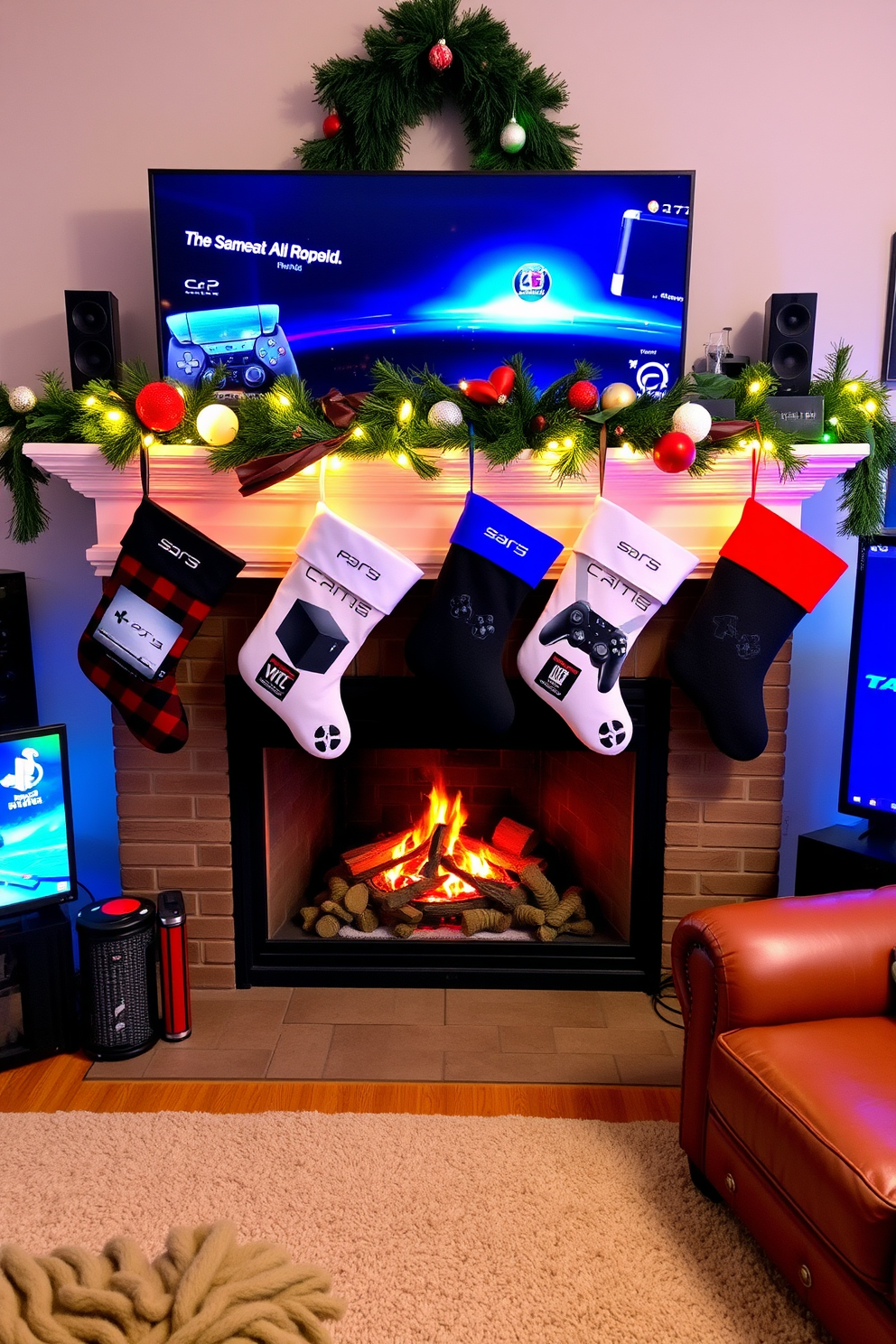 Create a cozy game room decorated for Christmas featuring themed stockings for each game console. The stockings are hung on a stylish mantle adorned with festive lights and ornaments, complementing the vibrant colors of the gaming setup.