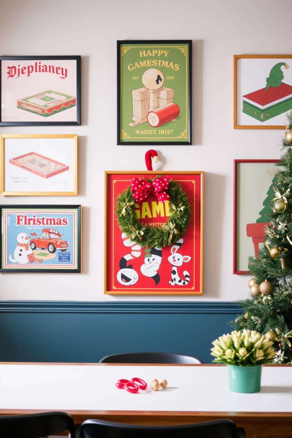 Create a vibrant game room decorated for the holidays. The walls are adorned with festive wall art showcasing classic board games and playful holiday motifs.