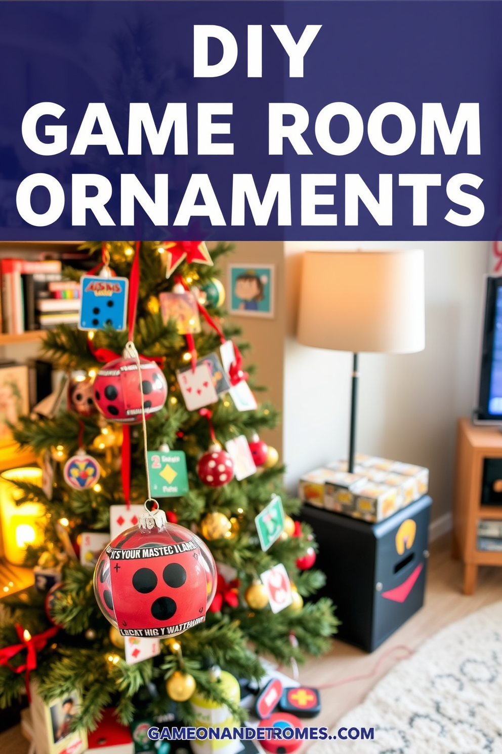 A cozy game room adorned with DIY ornaments crafted from colorful game cards. The Christmas tree is decorated with these unique ornaments, adding a playful touch to the festive atmosphere.