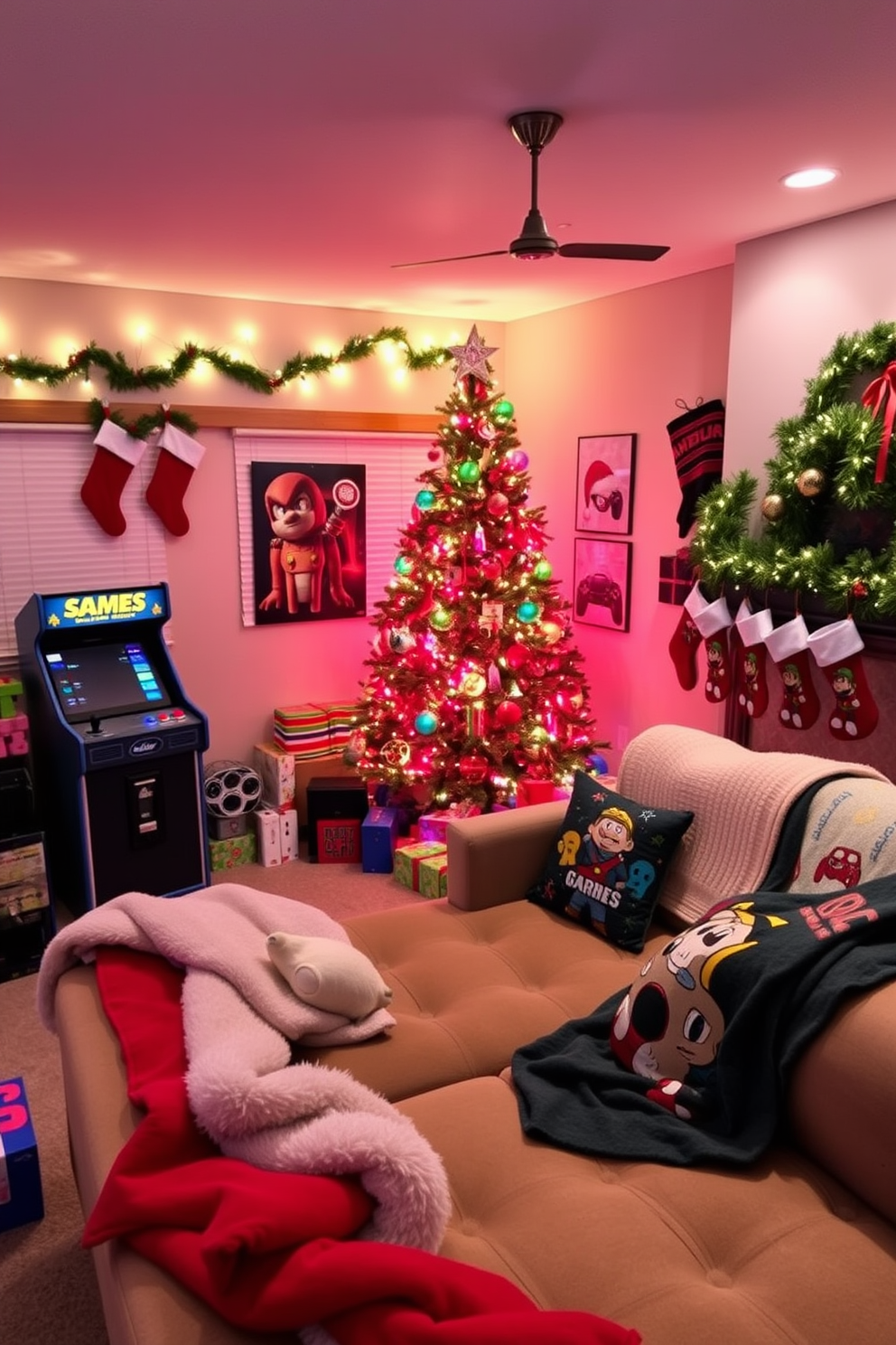 A cozy game room adorned with Christmas decorations. The walls are lined with festive lights and a large Christmas tree stands in the corner, surrounded by gaming consoles and colorful wrapped gifts. A vintage arcade machine adds a playful touch to the space, while a plush sectional sofa is draped with holiday-themed blankets. Stockings hang from the mantle, featuring gaming characters, creating a whimsical holiday atmosphere.