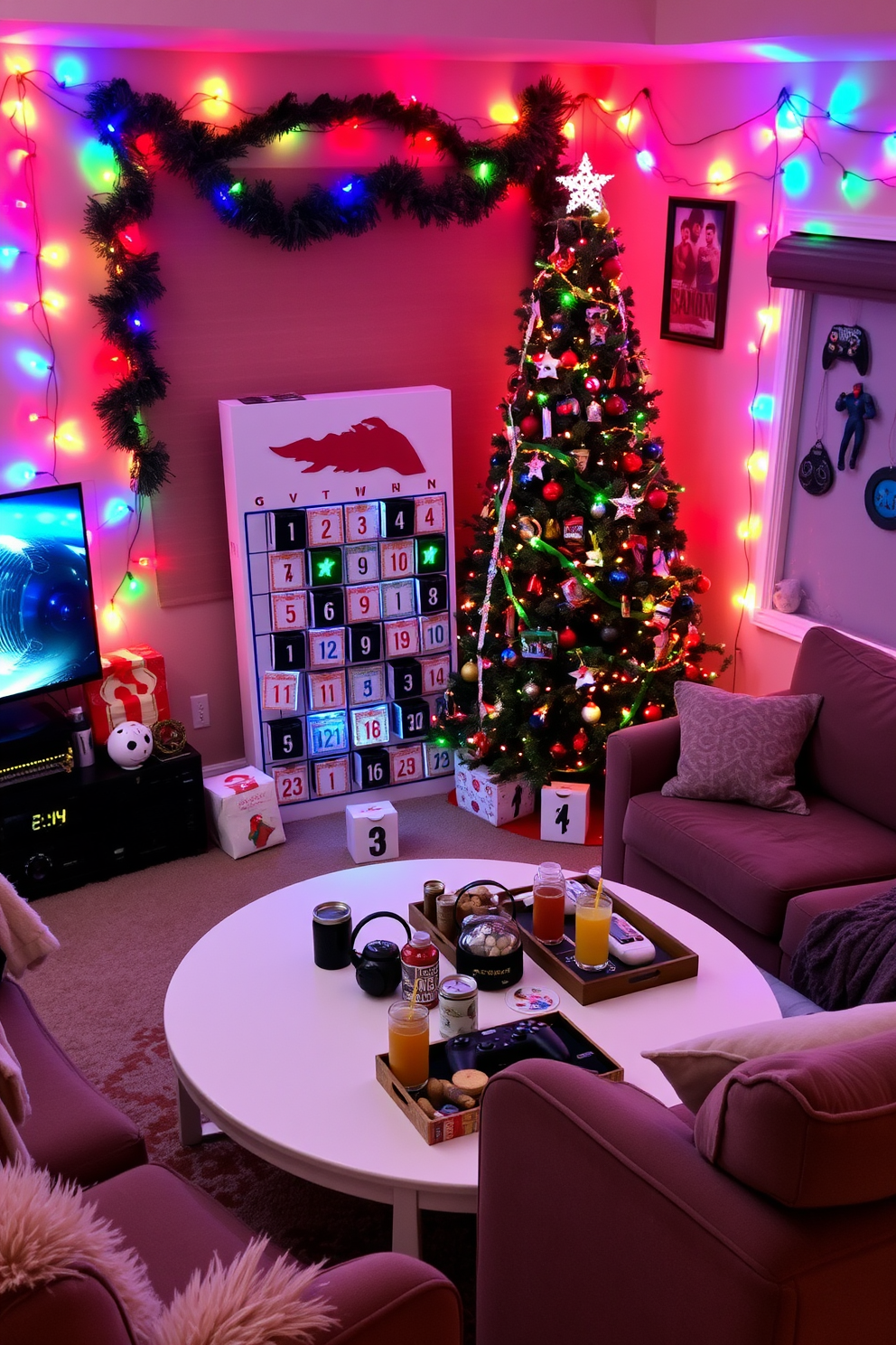 A cozy game room filled with festive decorations for Christmas. The walls are adorned with colorful string lights and a large tree is set up in the corner, decorated with gaming-themed ornaments. A stylish advent calendar countdown is displayed on a shelf, featuring small gaming-related items behind each door. Plush seating surrounds a coffee table, where holiday snacks and drinks are arranged for a festive gaming night.