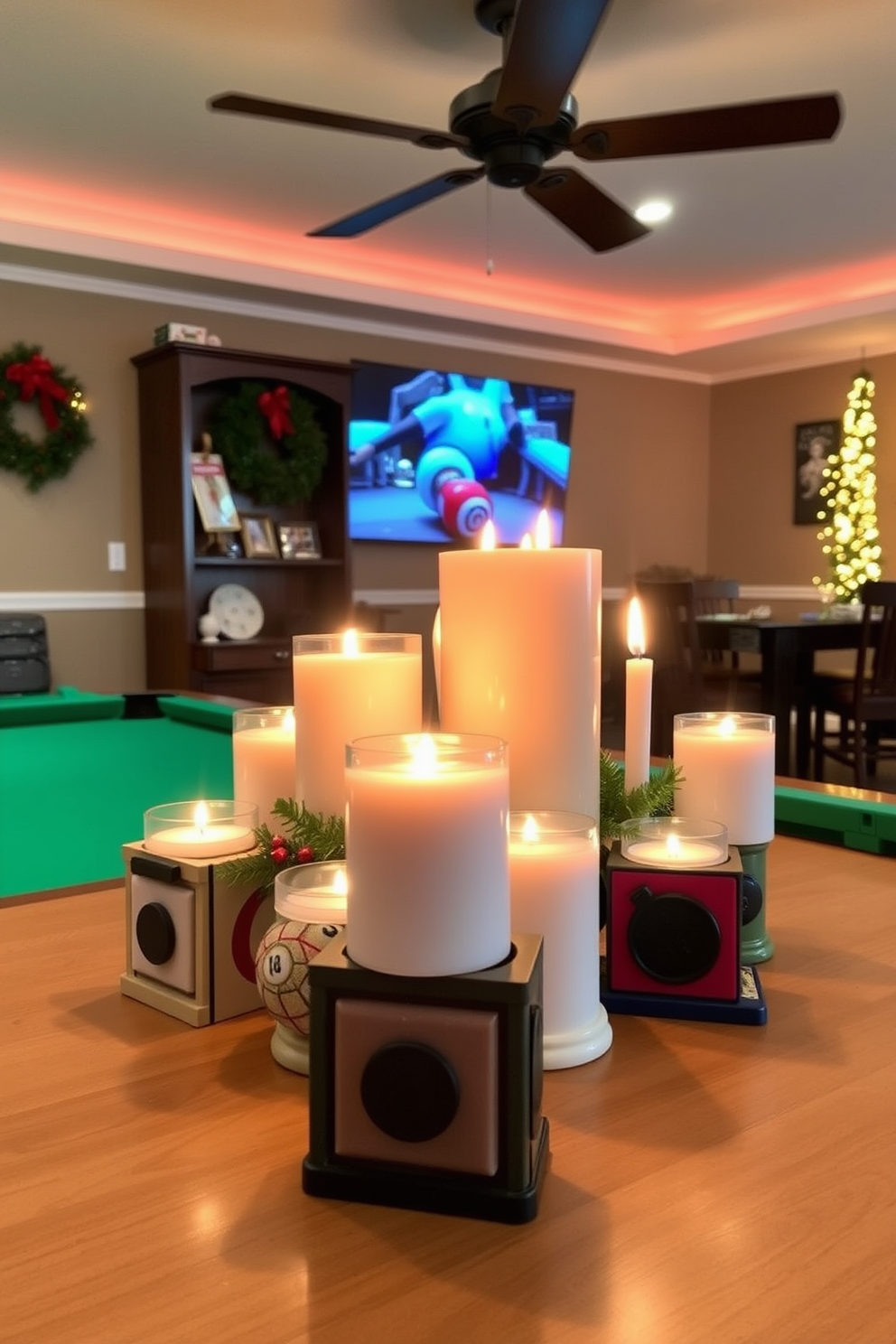 A cozy game room adorned with vintage game posters featuring a festive Christmas twist. The walls are decorated with colorful posters showcasing classic games, surrounded by twinkling fairy lights and garlands. In the center, a large, plush sectional sofa invites relaxation, draped with holiday-themed throw blankets. A rustic coffee table is adorned with a festive centerpiece, including pinecones, candles, and small wrapped gifts, creating a warm holiday atmosphere.