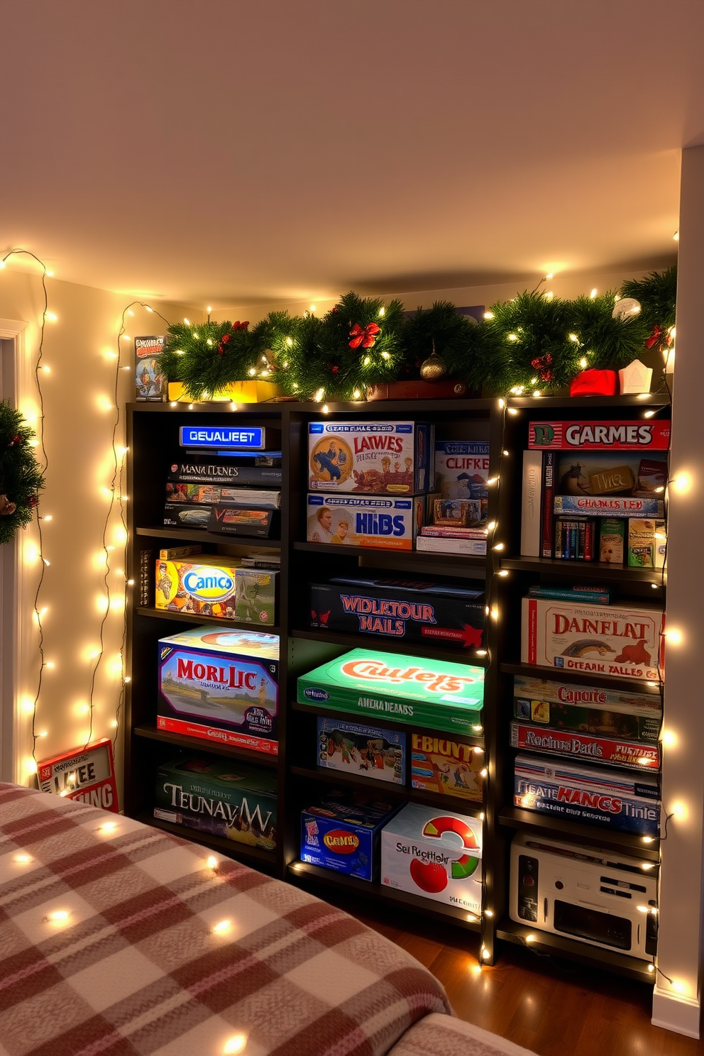 A cozy game room adorned for the holidays with Christmas lights elegantly wrapped around the game shelves. The warm glow of the lights illuminates the colorful games and creates a festive atmosphere perfect for gatherings.