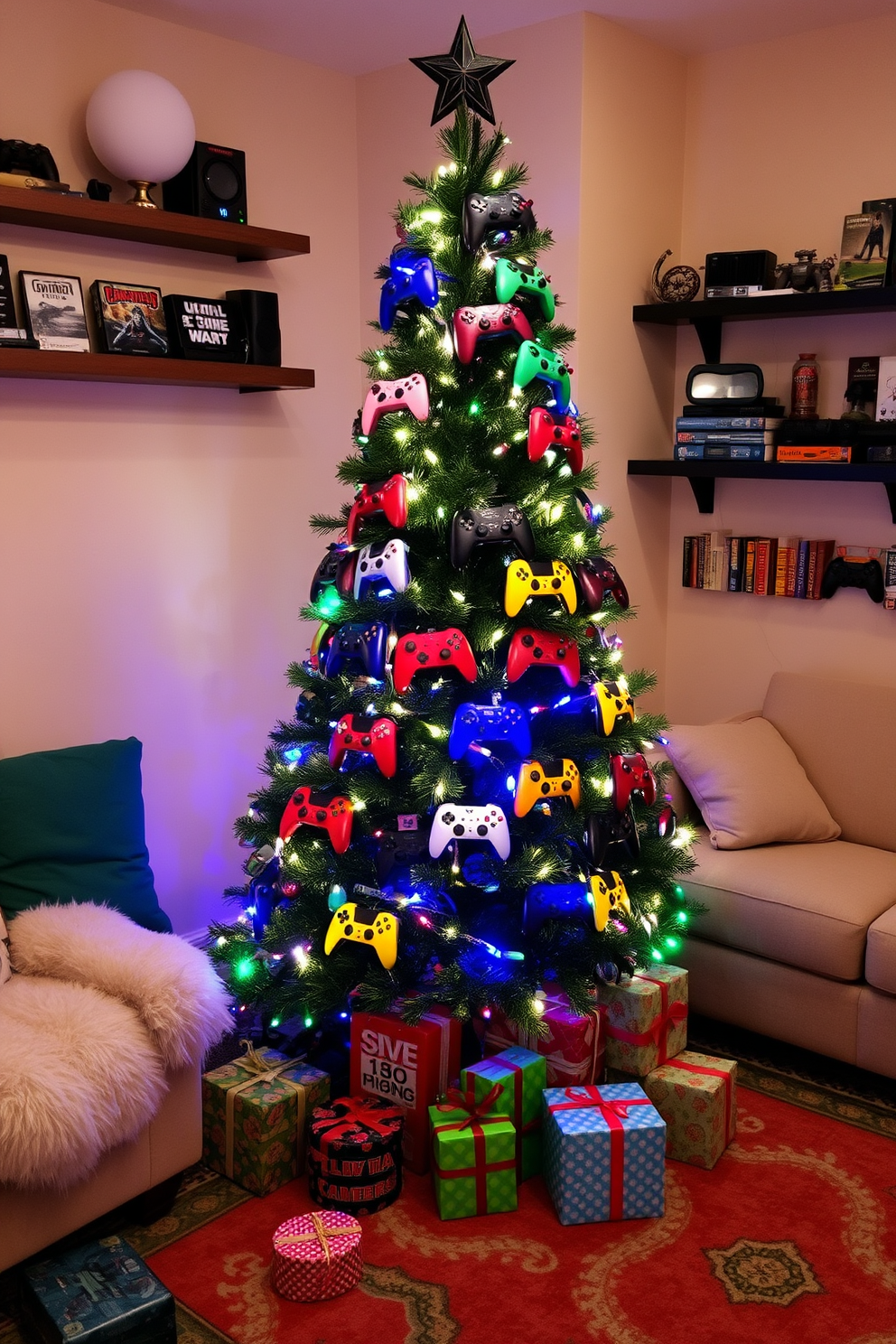 A themed Christmas tree adorned with colorful game controllers and twinkling fairy lights. The tree stands in a cozy game room, surrounded by plush seating and a festive rug that adds warmth to the space. Presents wrapped in vibrant paper are scattered around the base of the tree, creating an inviting atmosphere. Wall shelves display an array of gaming memorabilia, enhancing the holiday spirit in this playful environment.