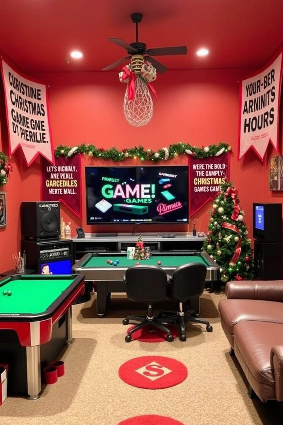 A cozy game room adorned with Christmas-themed coasters for drinks. The coasters feature festive designs such as snowflakes and Christmas trees, adding a cheerful touch to the space. Soft string lights are draped around the room, creating a warm and inviting atmosphere. A large, plush sofa is adorned with holiday-themed throw pillows, making it the perfect spot for family gatherings.