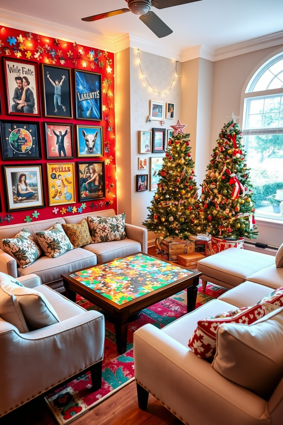 A vibrant game room filled with an array of puzzle pieces as decorative accents. The walls are adorned with framed puzzles, while a large coffee table features a colorful puzzle in progress surrounded by cozy seating. For Christmas decorating ideas, the game room is transformed with festive touches. Twinkling string lights are draped along the walls, and a beautifully decorated Christmas tree stands in the corner, adorned with ornaments that reflect the playful spirit of the room.