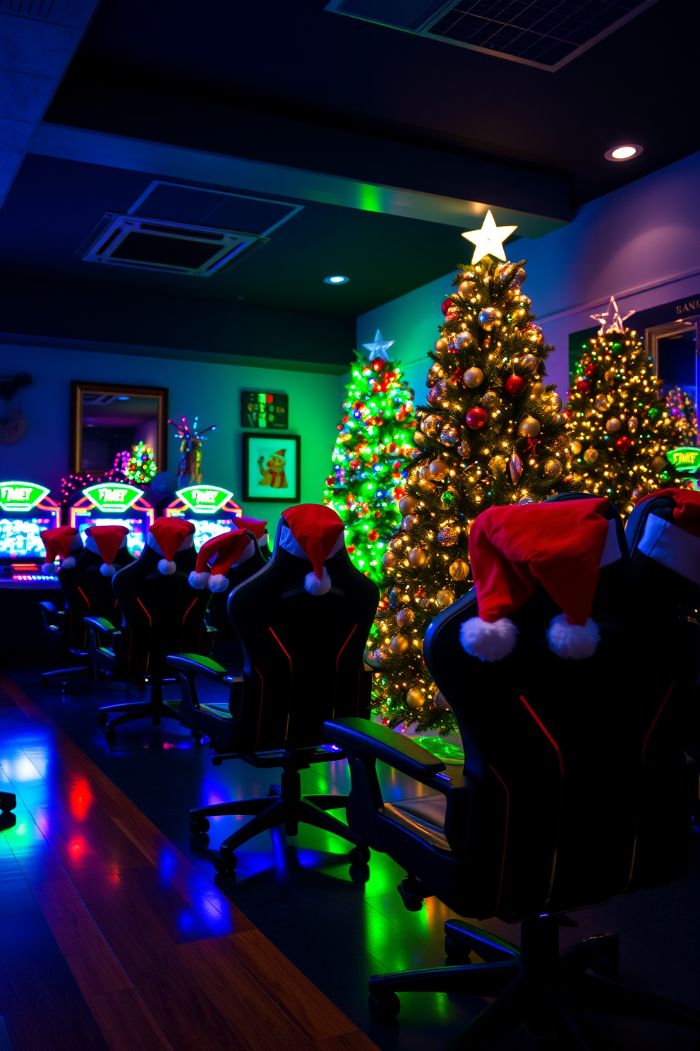 A cozy game room filled with excitement. Each gaming chair is adorned with a festive Santa hat, creating a cheerful atmosphere. Colorful LED lights illuminate the space, reflecting off the walls. A large Christmas tree stands in the corner, decorated with ornaments and twinkling lights.