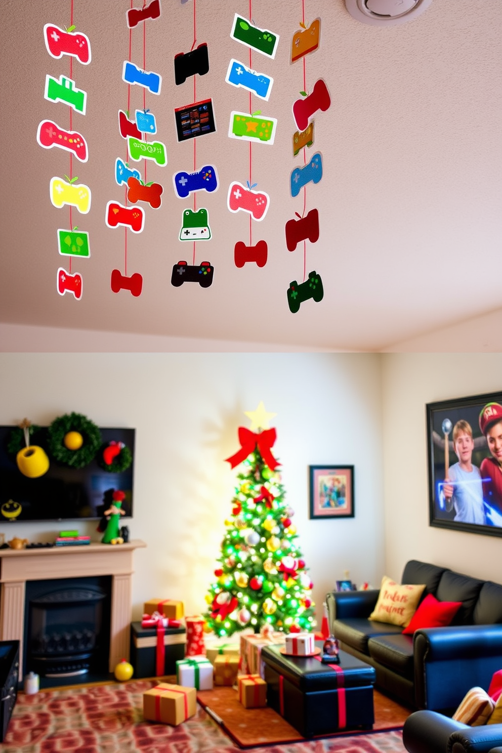 Create a vibrant game-themed paper chain decoration that features colorful cutouts of popular gaming icons and symbols. The chains should be hung from the ceiling to add a playful atmosphere to the game room. Design a festive game room for Christmas that incorporates gaming elements into traditional holiday decor. Include a decorated tree with gaming-themed ornaments and cozy seating arranged for gaming marathons with friends and family.