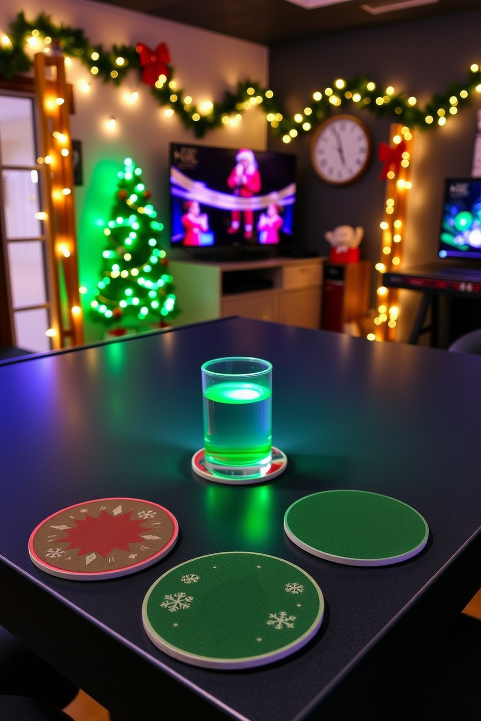 A festive game room featuring a Christmas-themed wall clock adorned with holiday motifs. The clock is prominently displayed above a cozy seating area filled with plush cushions and warm throws. The walls are decorated with twinkling fairy lights and holiday garlands, creating a cheerful atmosphere. A beautifully decorated Christmas tree stands in the corner, surrounded by wrapped gifts and playful ornaments.