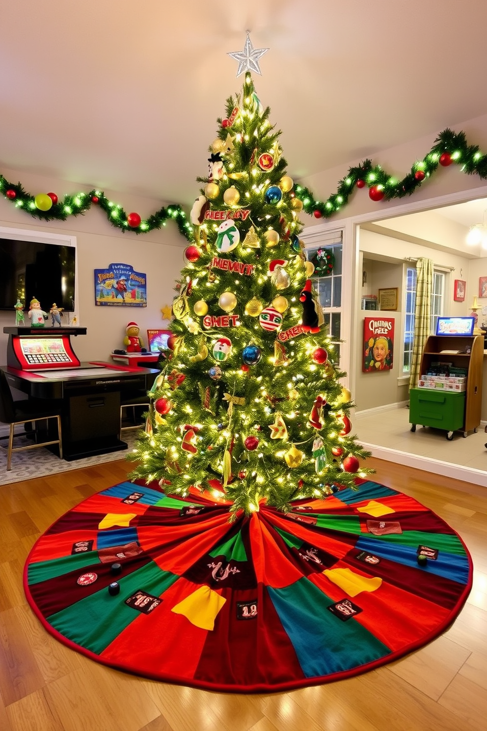 A vibrant holiday-themed mouse pad for gamers featuring a winter wonderland scene with snow-covered trees and colorful Christmas lights. The design includes playful gaming elements like controllers and characters dressed in festive attire, creating a fun and immersive gaming atmosphere. A cozy game room decorated for Christmas with a large tree adorned with gaming-themed ornaments and twinkling lights. Plush seating surrounds a coffee table with holiday snacks, and festive garlands drape over shelves filled with games and collectibles, enhancing the festive spirit.