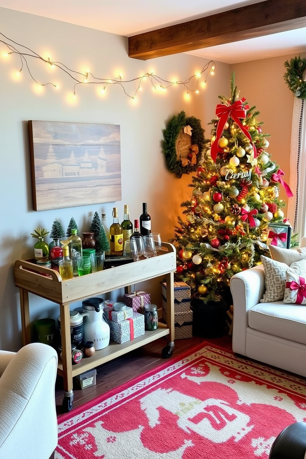 A festive drink station for game nights features a rustic wooden bar cart adorned with an array of colorful glassware and festive cocktail ingredients. Twinkling string lights are draped overhead, creating a warm and inviting atmosphere for friends and family to gather. For game room Christmas decorating ideas, the space is filled with cozy seating and a large holiday-themed area rug. A beautifully decorated Christmas tree stands in the corner, surrounded by wrapped gifts and playful holiday decorations that enhance the fun and festive spirit.