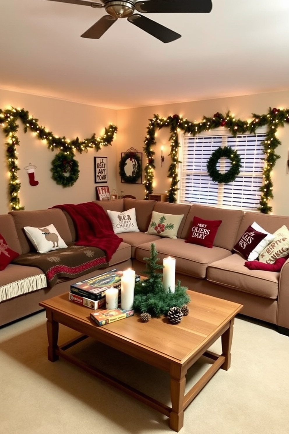 A cozy game room decorated for a Christmas-themed game night. The walls are adorned with festive garlands and twinkling fairy lights, creating a warm and inviting atmosphere. A large, plush sectional sofa is covered with holiday-themed throw blankets and pillows. A coffee table is set with a selection of board games and a festive centerpiece featuring pinecones and candles.