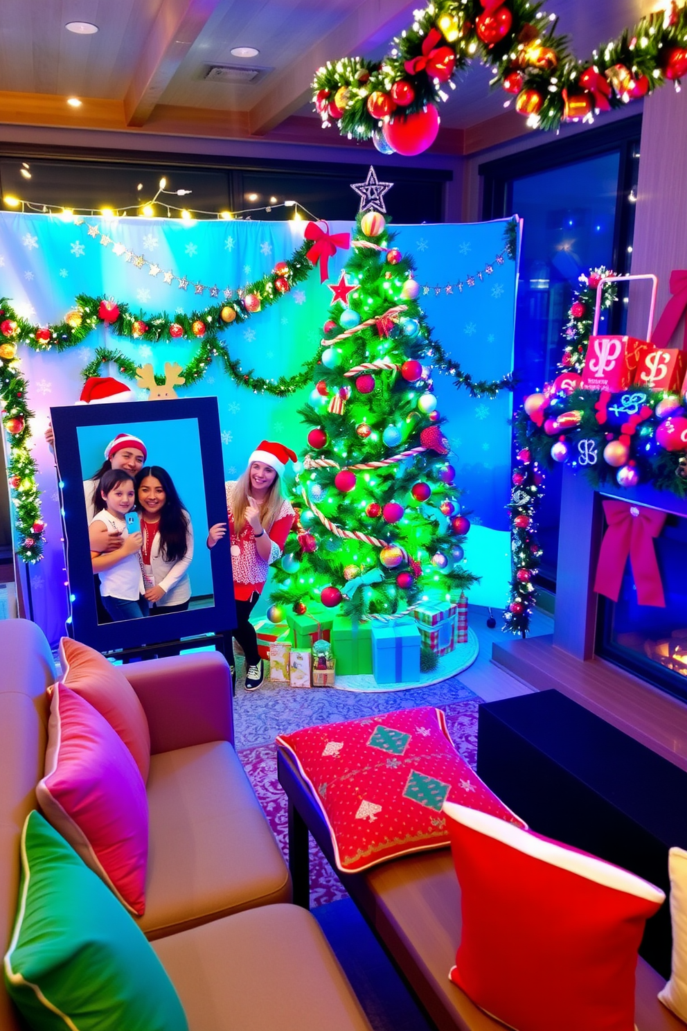 A cozy DIY photo booth is set up in a festive corner, adorned with colorful holiday props like Santa hats, reindeer antlers, and sparkling garlands. The backdrop features a cheerful winter scene with twinkling lights and a snowflake design, inviting guests to capture joyful moments. The game room is transformed into a Christmas wonderland, with a large tree decorated in vibrant ornaments and playful garlands. A cozy seating area is arranged around a fireplace, complete with festive cushions and blankets, creating the perfect atmosphere for holiday gatherings.