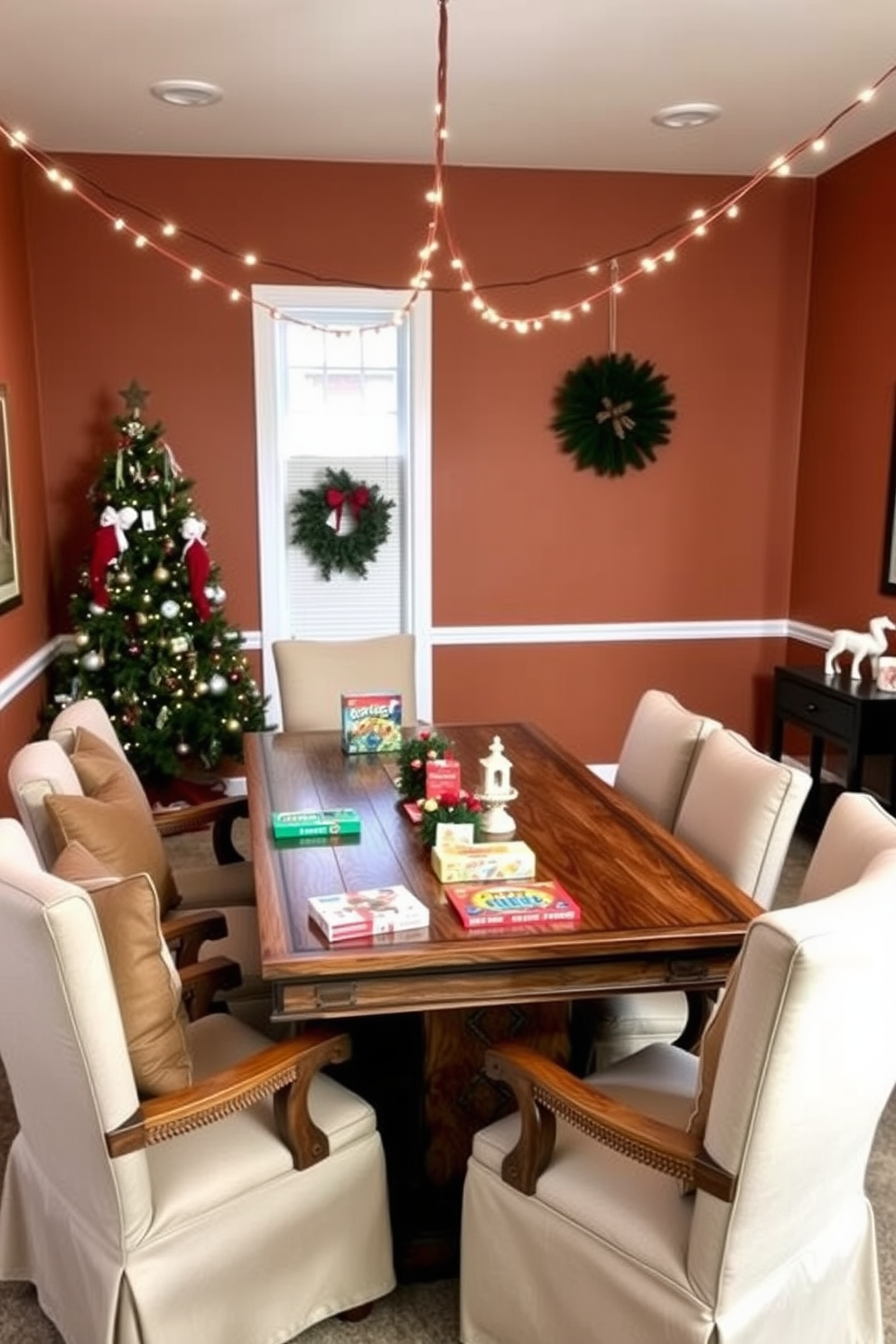 A cozy game room designed for seasonal gatherings. The space features a large wooden table surrounded by comfortable chairs, adorned with festive decorations and games for guests to enjoy. The walls are painted in a warm, inviting color, and twinkling string lights hang from the ceiling. A Christmas tree stands in the corner, decorated with ornaments that complement the overall decor.