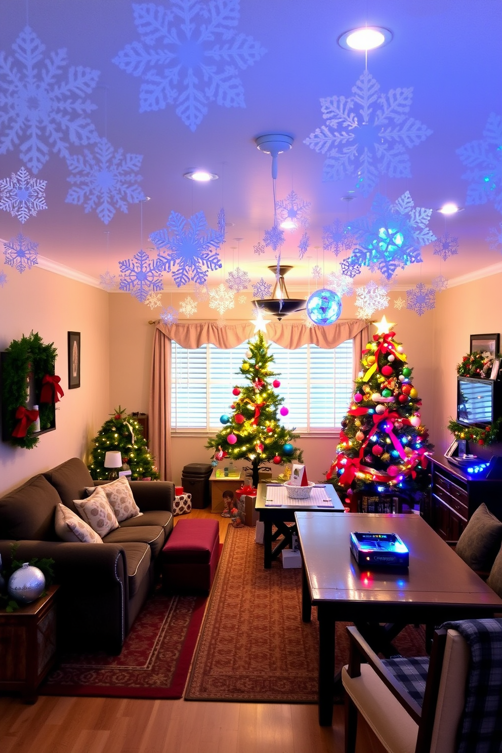 A cozy game room decorated for Christmas features DIY snowflakes hanging from the ceiling, creating a whimsical winter atmosphere. The space is filled with comfortable seating, a festive tree adorned with colorful ornaments, and a table set up for holiday games.