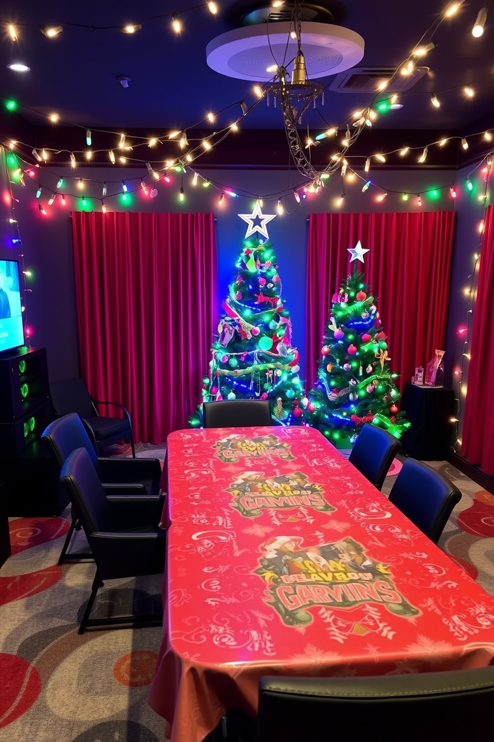 A festive game room setup for holiday-themed gaming tournaments. The walls are adorned with string lights and colorful ornaments, creating a vibrant atmosphere. A large gaming table is decorated with a Christmas-themed tablecloth and surrounded by comfortable chairs. A Christmas tree stands in the corner, decorated with gaming-related ornaments and topped with a star.