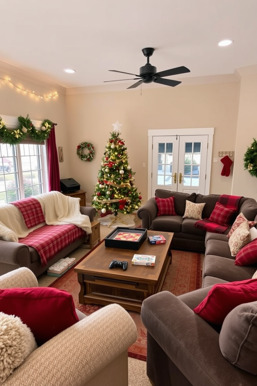 Create a festive game room decorated for Christmas. Hang Christmas stockings shaped like game consoles on the mantel, adding a playful touch to the space.