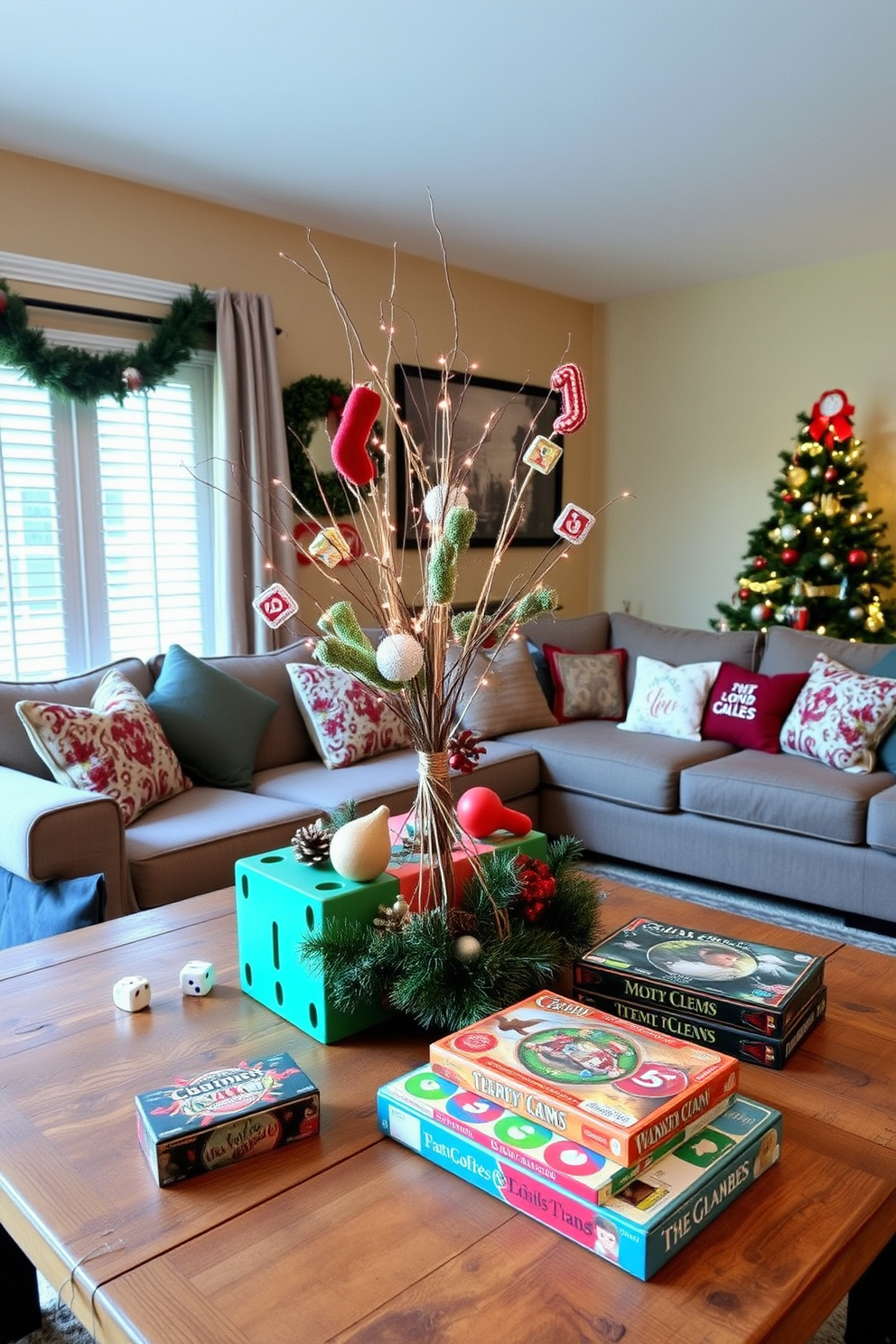 Create a festive holiday centerpiece inspired by tabletop games. Incorporate elements like dice, game pieces, and themed decorations arranged on a rustic wooden table. Design a cozy game room for Christmas with a warm color palette. Include a large sectional sofa adorned with holiday-themed pillows and a coffee table featuring a stack of popular board games.