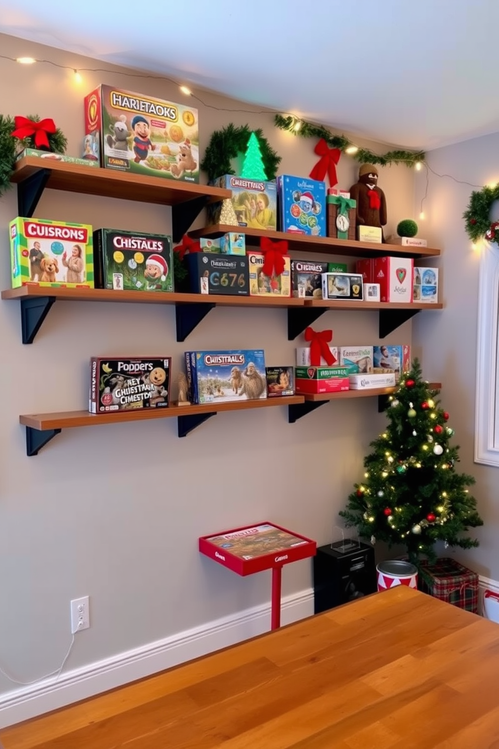 Festive throw pillows adorned with vibrant holiday designs are scattered across a plush sectional sofa in a cozy game room. The walls are decorated with twinkling fairy lights and cheerful garlands, creating a warm and inviting atmosphere for family gatherings. A large Christmas tree stands in the corner, beautifully adorned with colorful ornaments and a sparkling star on top. A vintage arcade game adds a playful touch, while a selection of board games is neatly arranged on a rustic coffee table, perfect for holiday entertainment.