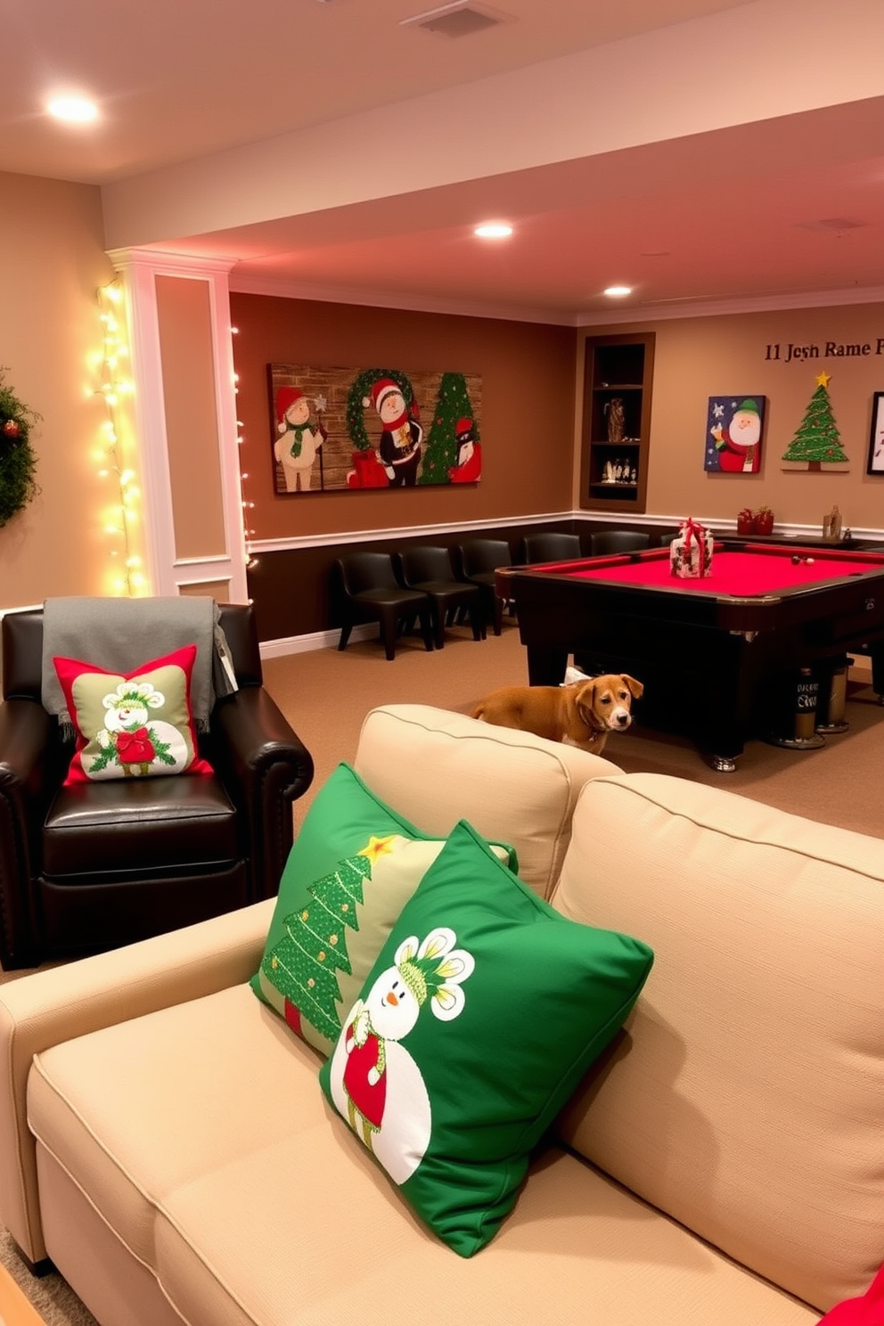 A vibrant game room adorned with LED strip lights in festive holiday colors. The walls are painted in a deep navy blue, and colorful gaming posters add a playful touch to the space. A large sectional sofa in a cozy fabric is positioned around a sleek coffee table, perfect for game nights. A Christmas tree, decorated with twinkling lights and ornaments, stands proudly in one corner, adding to the holiday cheer.