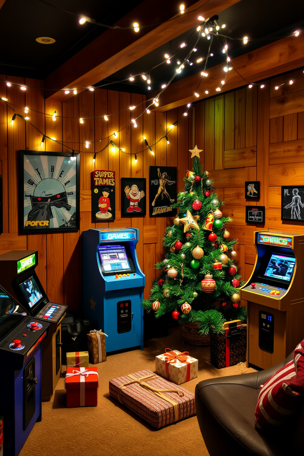 A tabletop Christmas village is set up in a cozy game room, featuring miniature gaming consoles and characters that reflect popular video games. Soft white lights illuminate the village, creating a festive atmosphere while colorful ornaments are scattered throughout the display. The game room is adorned with holiday-themed decorations, including a gaming-themed Christmas tree adorned with pixelated ornaments and game controller garlands. A plush rug in front of the gaming setup adds warmth, while stockings designed like game controllers hang from the mantle.