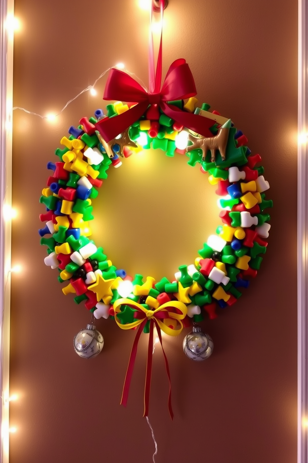 A festive holiday wreath crafted from an assortment of colorful game pieces adds a playful touch to your game room. This unique decoration hangs prominently on the wall, inviting guests to enjoy the cheerful atmosphere of the season. Surround the wreath with string lights to enhance its charm and create a cozy ambiance. Incorporate themed ornaments related to your favorite games to further personalize the holiday decor.