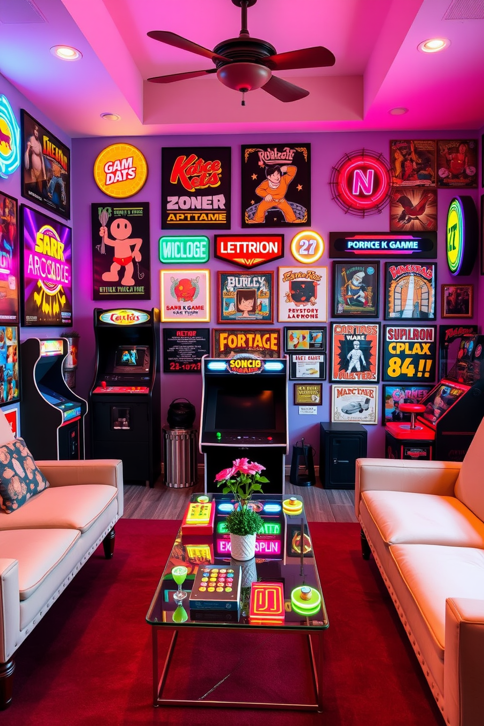 A vibrant game room featuring retro arcade game wall decorations that create a nostalgic atmosphere. The walls are adorned with colorful arcade game posters and neon lights, enhancing the playful vibe of the space. In the center, a comfortable seating area with bean bags and a sleek coffee table invites relaxation. A vintage arcade machine stands proudly against one wall, surrounded by shelves filled with classic gaming memorabilia.