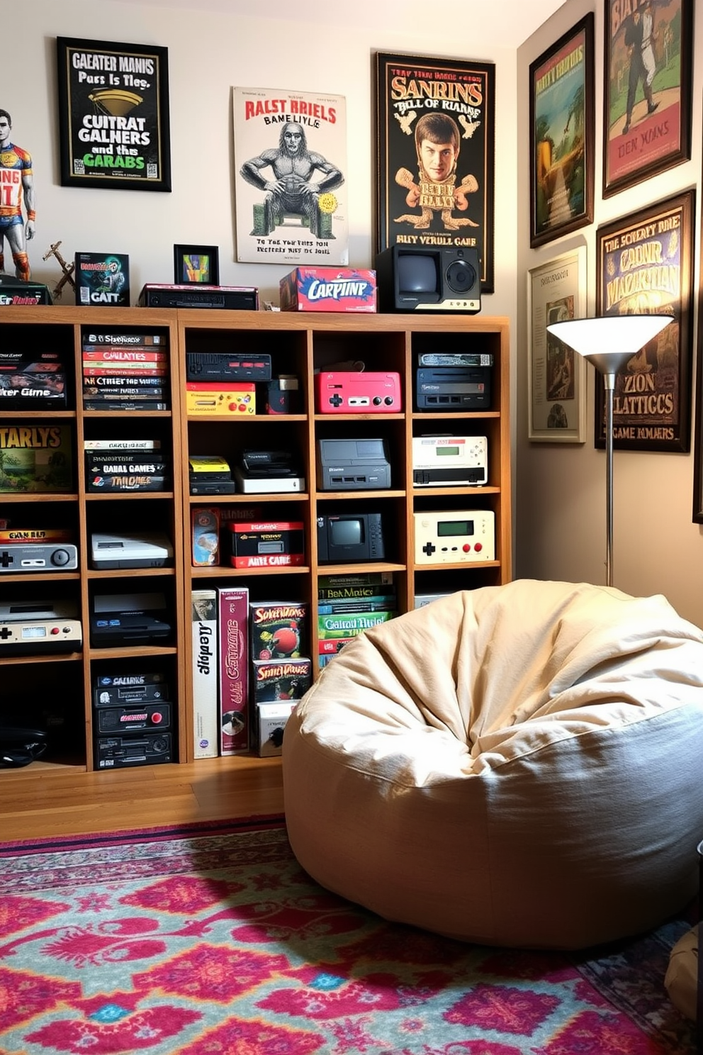 A vintage game memorabilia display area features a rustic wooden shelving unit filled with classic board games and retro video game consoles. The walls are adorned with framed posters of iconic games, while a plush, oversized bean bag chair sits in the corner for comfortable seating. The floor is covered with a vibrant, patterned area rug that adds warmth to the space. Soft, ambient lighting from a stylish floor lamp creates a cozy atmosphere perfect for game nights.