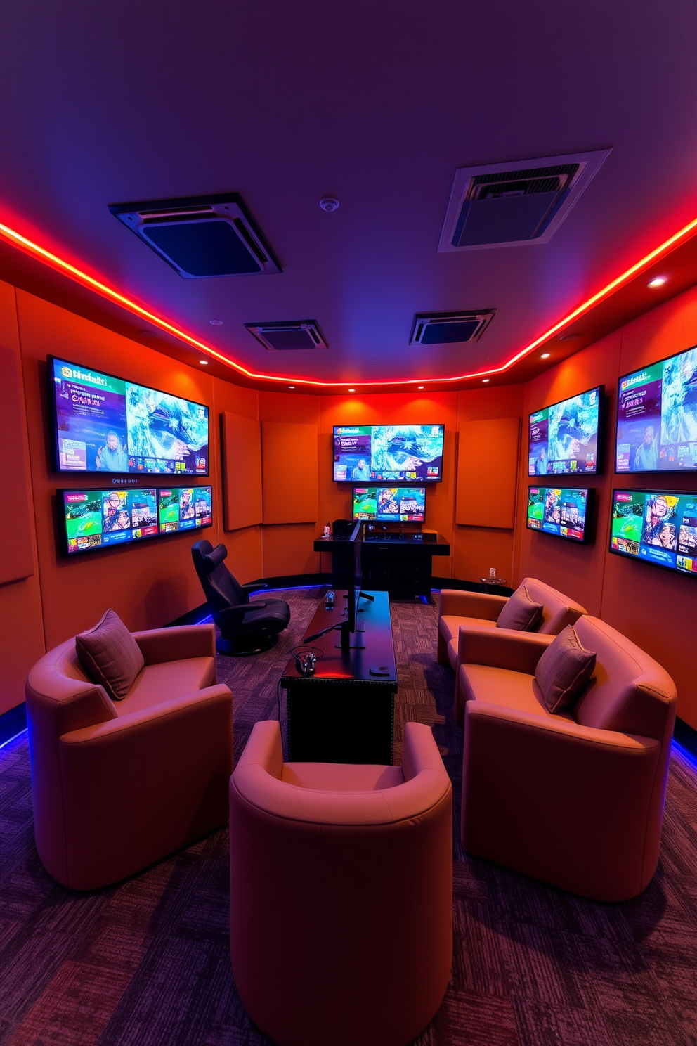 A vibrant game room filled with energy and excitement. The walls are adorned with colorful neon signs that illuminate the space, creating a playful atmosphere. A large sectional sofa in a bold color provides ample seating for friends and family. A sleek coffee table sits in the center, surrounded by gaming consoles and a large flat-screen TV for endless entertainment.