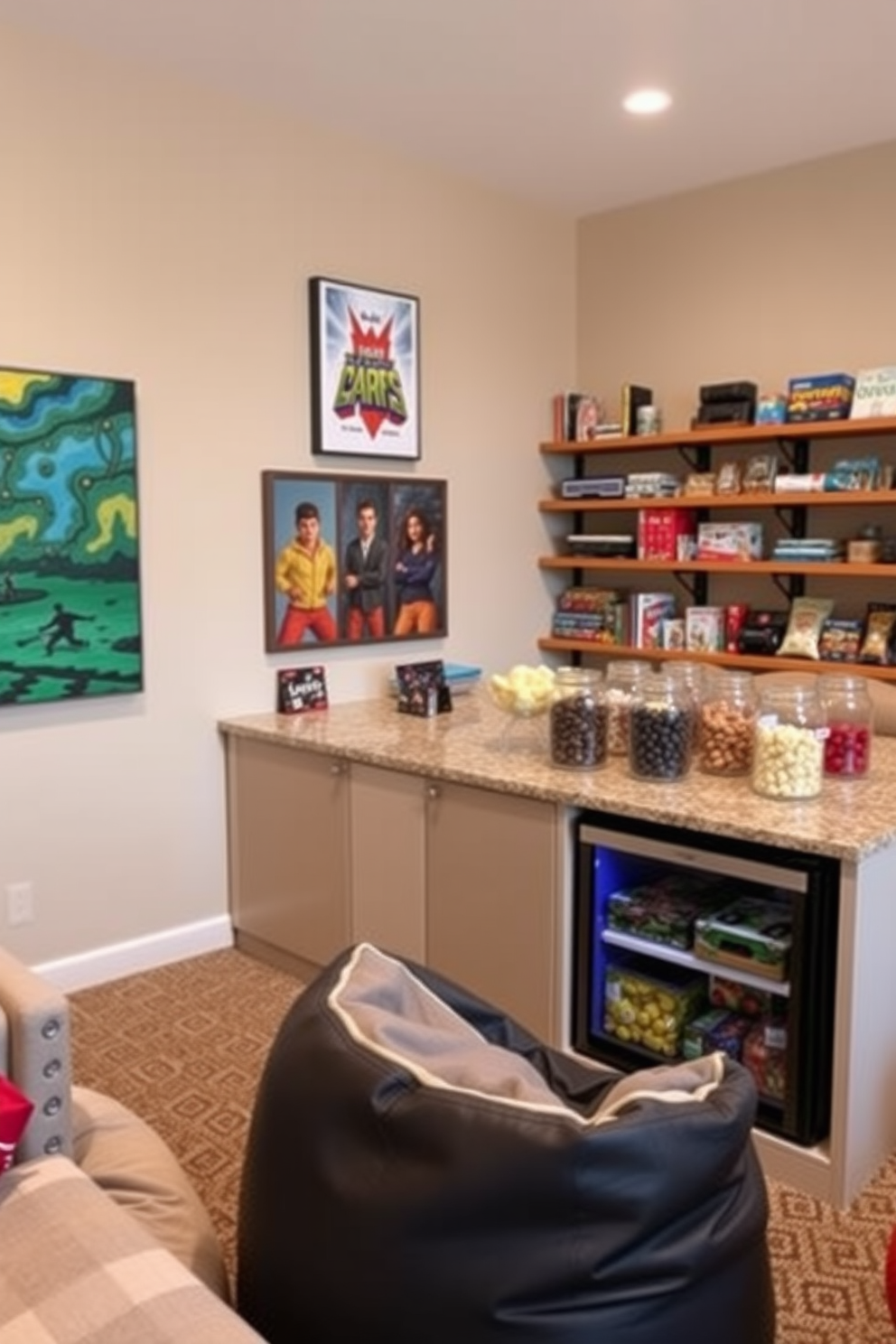 A cozy game room featuring an integrated snack and beverage station. The station includes a sleek mini-fridge and a stylish countertop with an assortment of snacks displayed in decorative jars. The room is designed with comfortable seating arrangements, including a sectional sofa and bean bags for a relaxed atmosphere. Walls are adorned with vibrant artwork and shelves filled with board games and gaming consoles.