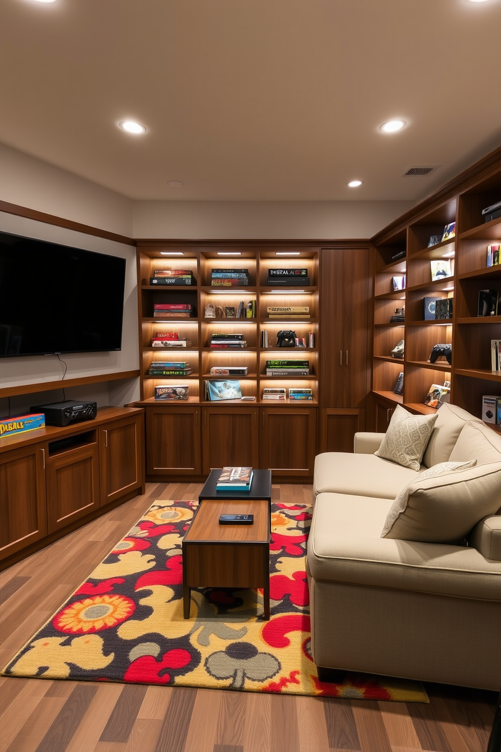 A cozy game room featuring custom built-in shelving designed specifically for board games and video game consoles. The shelving is crafted from rich walnut wood and is illuminated with soft LED strip lights to highlight the collection. The room includes a plush sectional sofa positioned for optimal viewing of a large flat-screen TV mounted on the wall. A vibrant area rug anchors the seating area, while a small coffee table provides space for snacks and drinks during game nights.