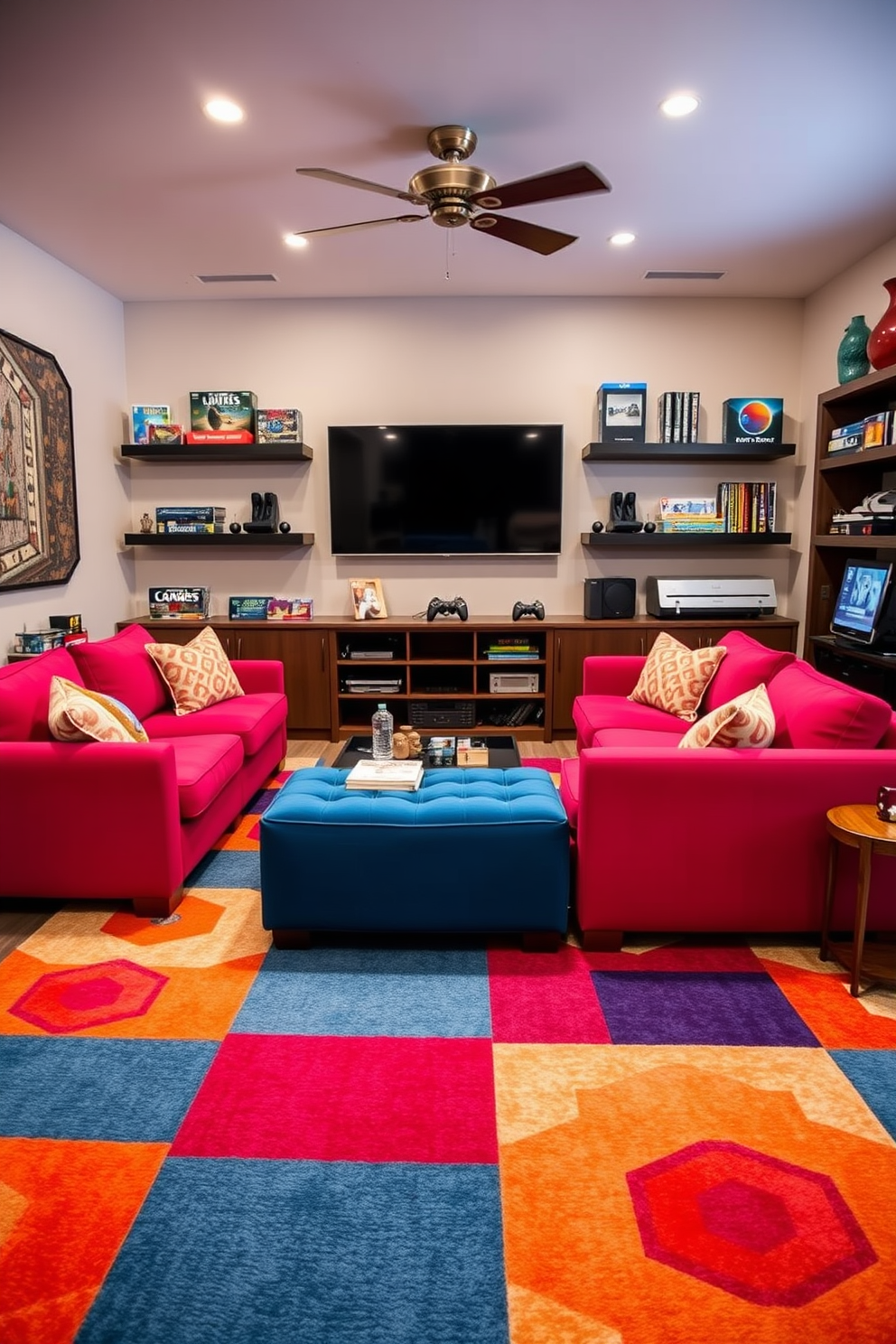 A vibrant game room featuring interactive wall art inspired by popular video games. The walls are adorned with colorful murals depicting iconic game characters and scenes, creating an immersive atmosphere. The room includes a comfortable sectional sofa in a bold color, paired with a sleek coffee table. Ambient lighting enhances the gaming experience, while shelves display collectibles and gaming accessories.