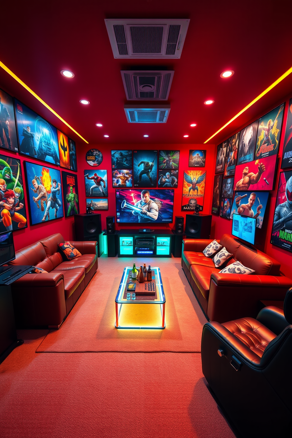 A vibrant game room featuring a mini fridge stocked with an array of snacks. The walls are adorned with colorful artwork, and a large sectional sofa invites relaxation while enjoying game nights.