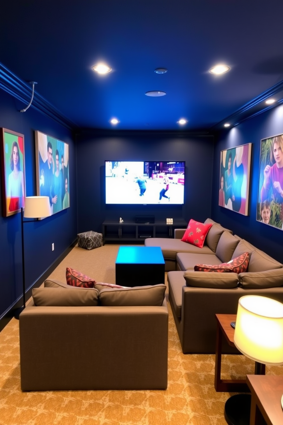 A dynamic game room featuring a large projector screen mounted on the wall, providing an immersive gaming experience. The room is furnished with a comfortable sectional sofa and bean bag chairs, perfect for relaxing during long gaming sessions. The walls are painted in a deep navy blue, creating a cozy atmosphere enhanced by LED strip lighting. A sleek coffee table sits in the center, surrounded by gaming consoles and a variety of controllers for easy access.