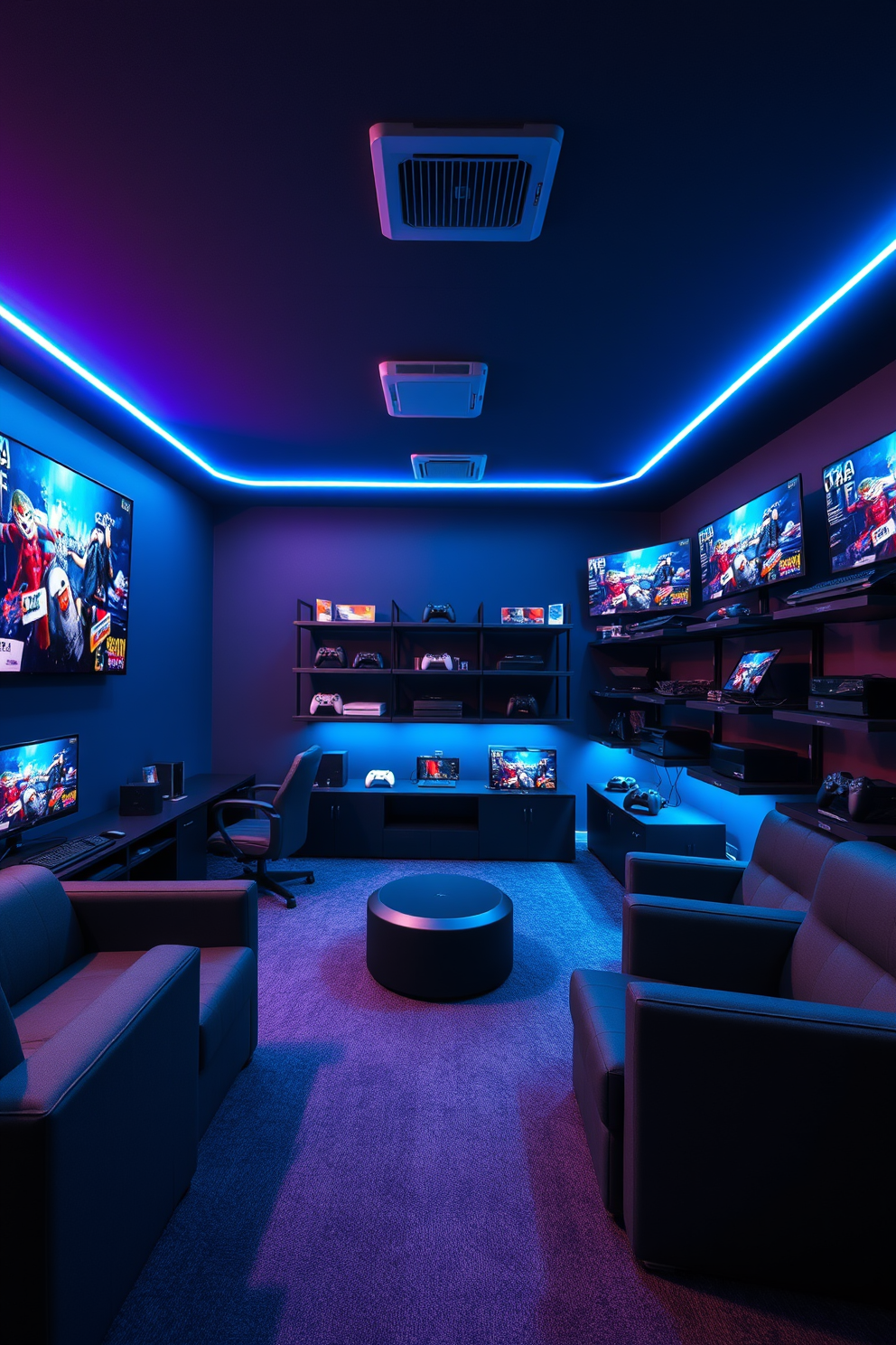 A modern game room designed for an immersive surround sound experience. The walls are adorned with acoustic panels in deep blue, and a large sectional sofa faces a wall-mounted flat-screen TV. In the center of the room, a sleek coffee table holds gaming controllers and snacks. Ambient LED lighting creates a dynamic atmosphere, while a high-end sound system is integrated into the ceiling for optimal audio quality.