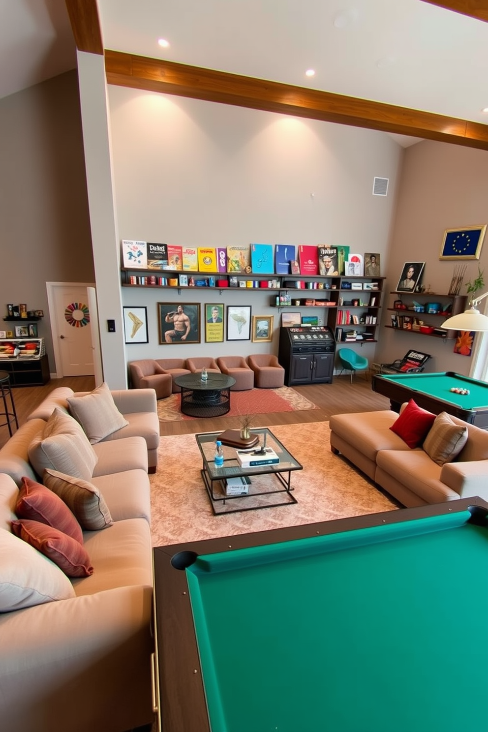 A cozy lounge area featuring plush, oversized sofas in a neutral tone. Soft throw pillows are scattered across the seating, and a large area rug anchors the space while a coffee table sits in the center. A vibrant game room designed for entertainment and relaxation. It includes a pool table, a large sectional sofa, and wall-mounted shelves filled with board games and colorful decor.