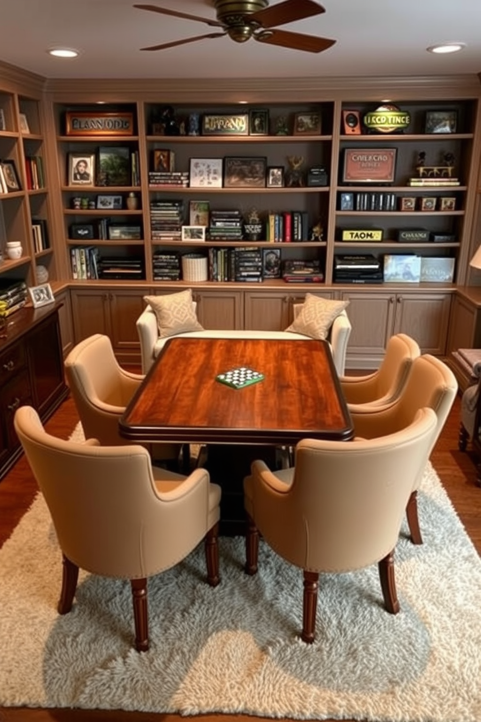 A cozy game room designed for tabletop games. The centerpiece is a large wooden game table surrounded by comfortable upholstered chairs, creating an inviting atmosphere for friends and family. The walls are adorned with shelves filled with board games and collectibles. Soft ambient lighting enhances the room's relaxed vibe, while a plush rug underfoot adds warmth and comfort.