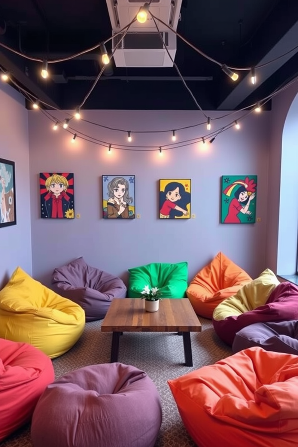 Cozy seating area featuring colorful bean bags arranged around a low coffee table. The walls are adorned with vibrant artwork and string lights create a warm, inviting atmosphere.