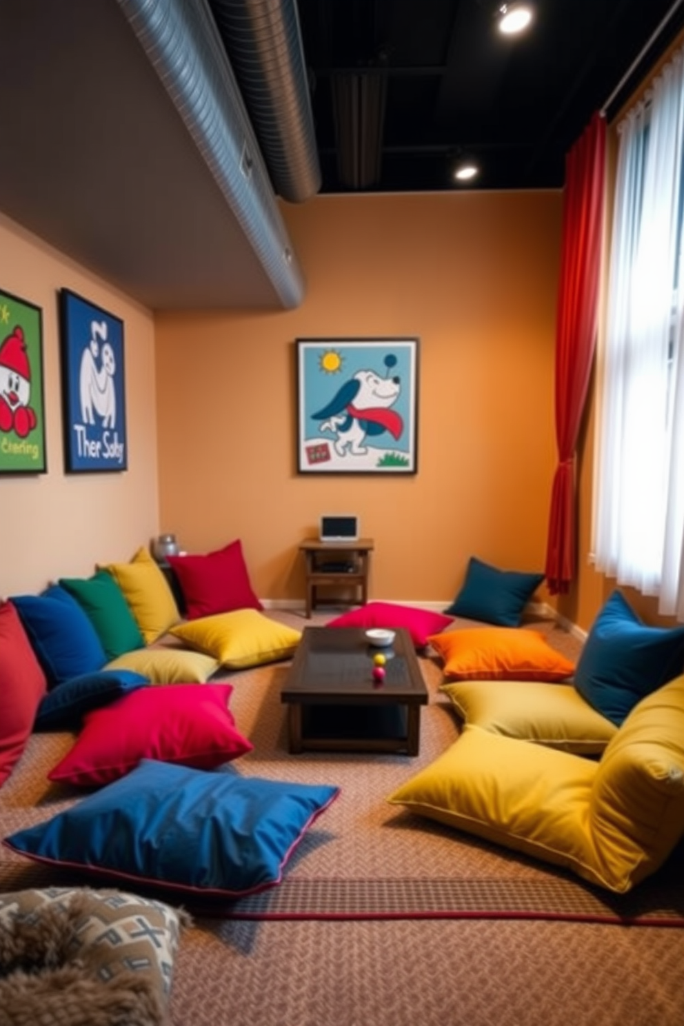 A cozy game room featuring a variety of colorful floor cushions scattered around a low coffee table. The walls are adorned with playful artwork and the space is illuminated by soft, ambient lighting for a relaxed atmosphere.