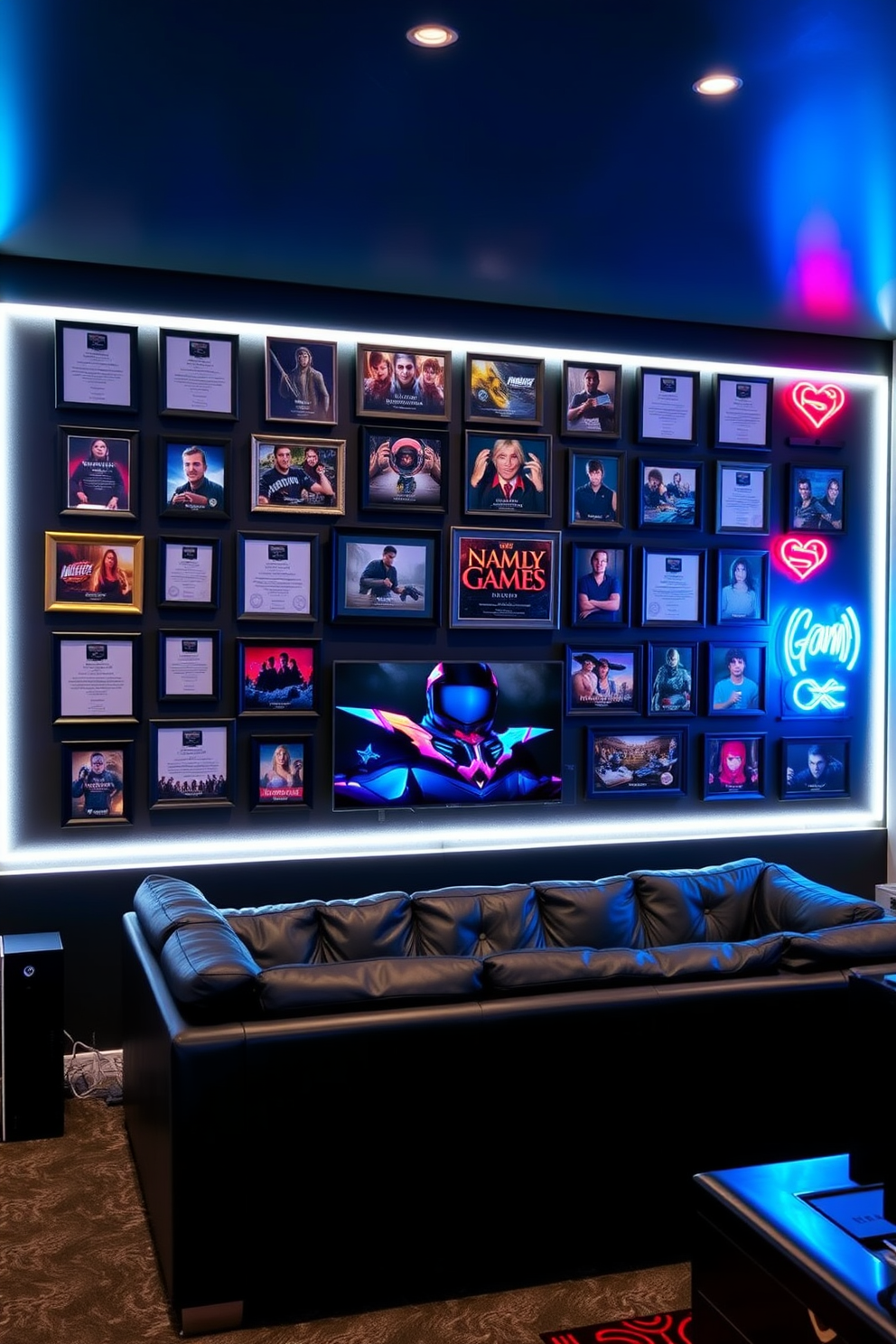 A wall of fame showcasing gaming achievements adorned with framed awards and photographs of memorable moments in gaming. The background features a sleek black finish with LED strip lighting that highlights each frame, creating an immersive atmosphere. The game room is designed with a comfortable sectional sofa in dark leather, surrounded by a state-of-the-art gaming console and large screen. Accent pieces include neon signs and wall art that celebrate iconic video games, adding a vibrant touch to the space.