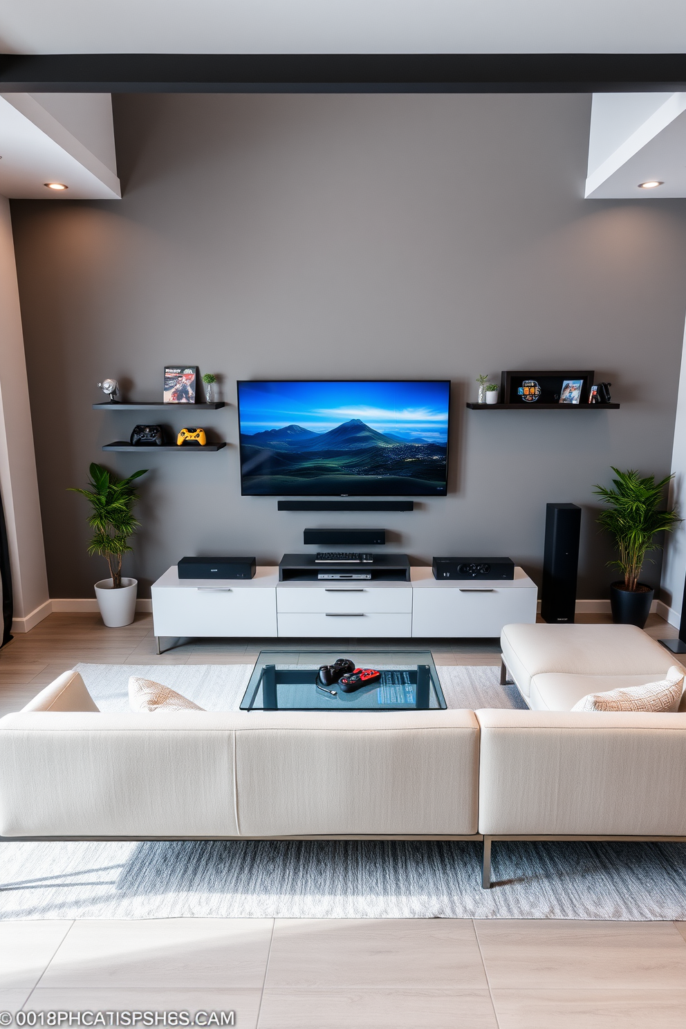 Sleek modern furniture in a minimalistic game room. The space features a low-profile sectional sofa in a neutral tone paired with a glass coffee table. A large wall-mounted TV is centered above a sleek media console. The room is accented with geometric shelves displaying gaming memorabilia and a few potted plants for a touch of greenery.