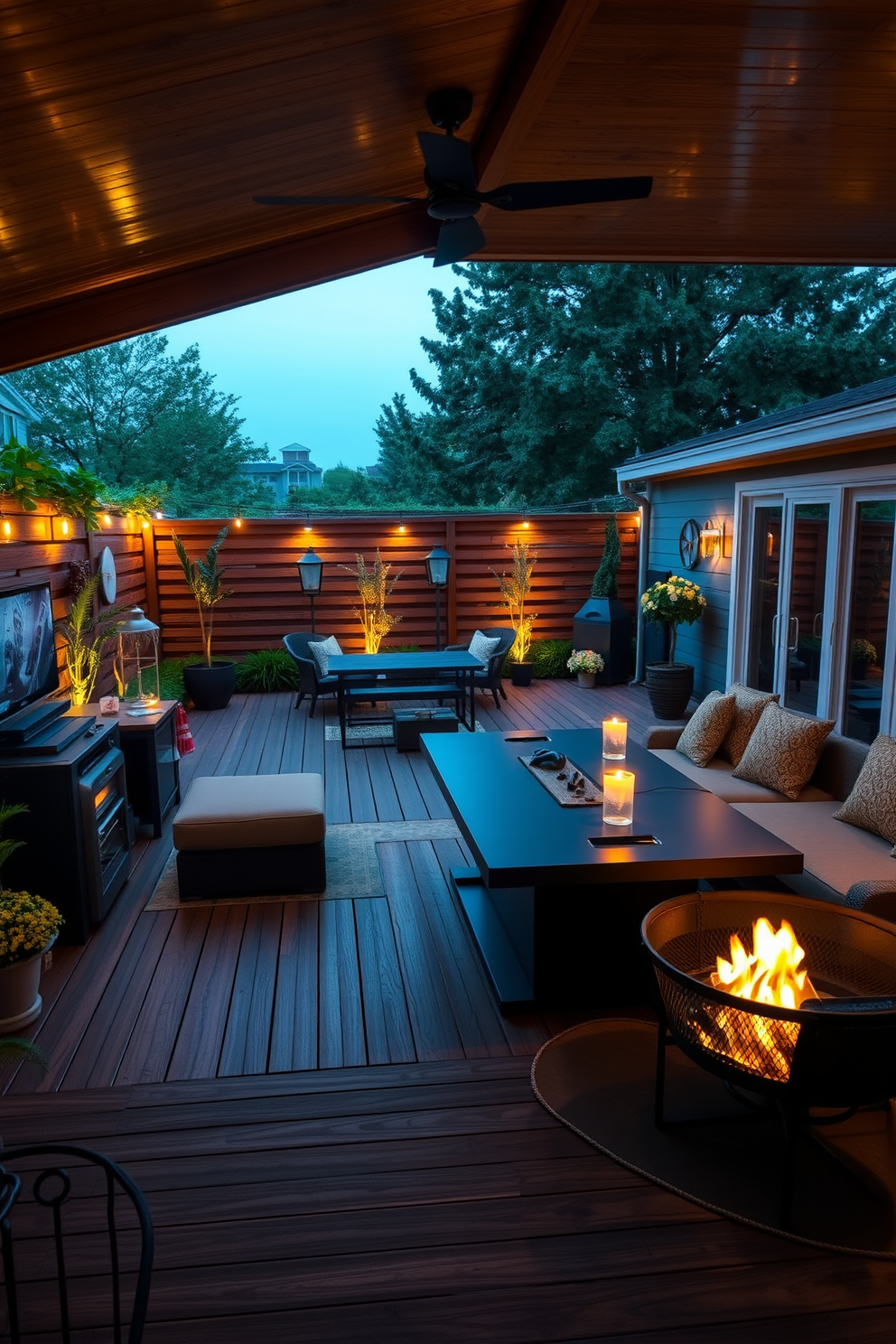 An inviting outdoor gaming area designed for fresh air and relaxation. The space features a large wooden deck with comfortable seating and a weather-resistant sectional sofa, surrounded by lush greenery and ambient lighting. A sleek gaming table is positioned at the center, equipped with modern gaming consoles and accessories. To enhance the atmosphere, a fire pit sits nearby, providing warmth and a cozy gathering spot for friends and family.