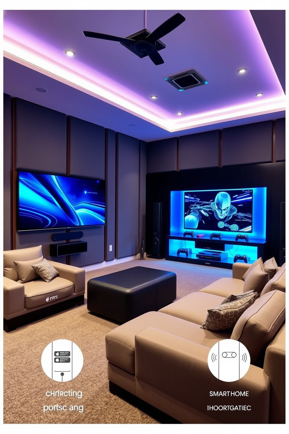 A modern game room featuring smart home integration for convenience. The space includes a large sectional sofa with built-in charging ports and ambient lighting controlled via a smartphone app. A sleek entertainment center houses a large flat-screen TV and gaming consoles, all connected to a centralized smart system. The walls are adorned with soundproof panels, and the flooring is a plush carpet for comfort during long gaming sessions.