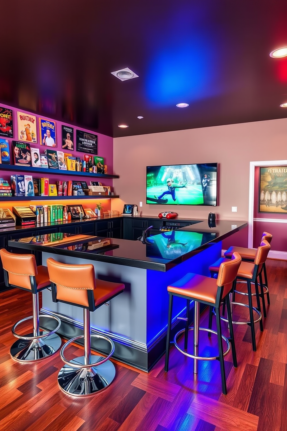 A vibrant game room bar designed for entertaining friends features a sleek black countertop with stylish bar stools arranged around it. The walls are adorned with colorful artwork and shelves stocked with various games and drinks, creating an inviting atmosphere for socializing. The flooring is a rich hardwood that adds warmth to the space, while ambient lighting highlights the bar area. A large flat-screen TV is mounted on one wall, perfect for watching sports or playing video games with friends.