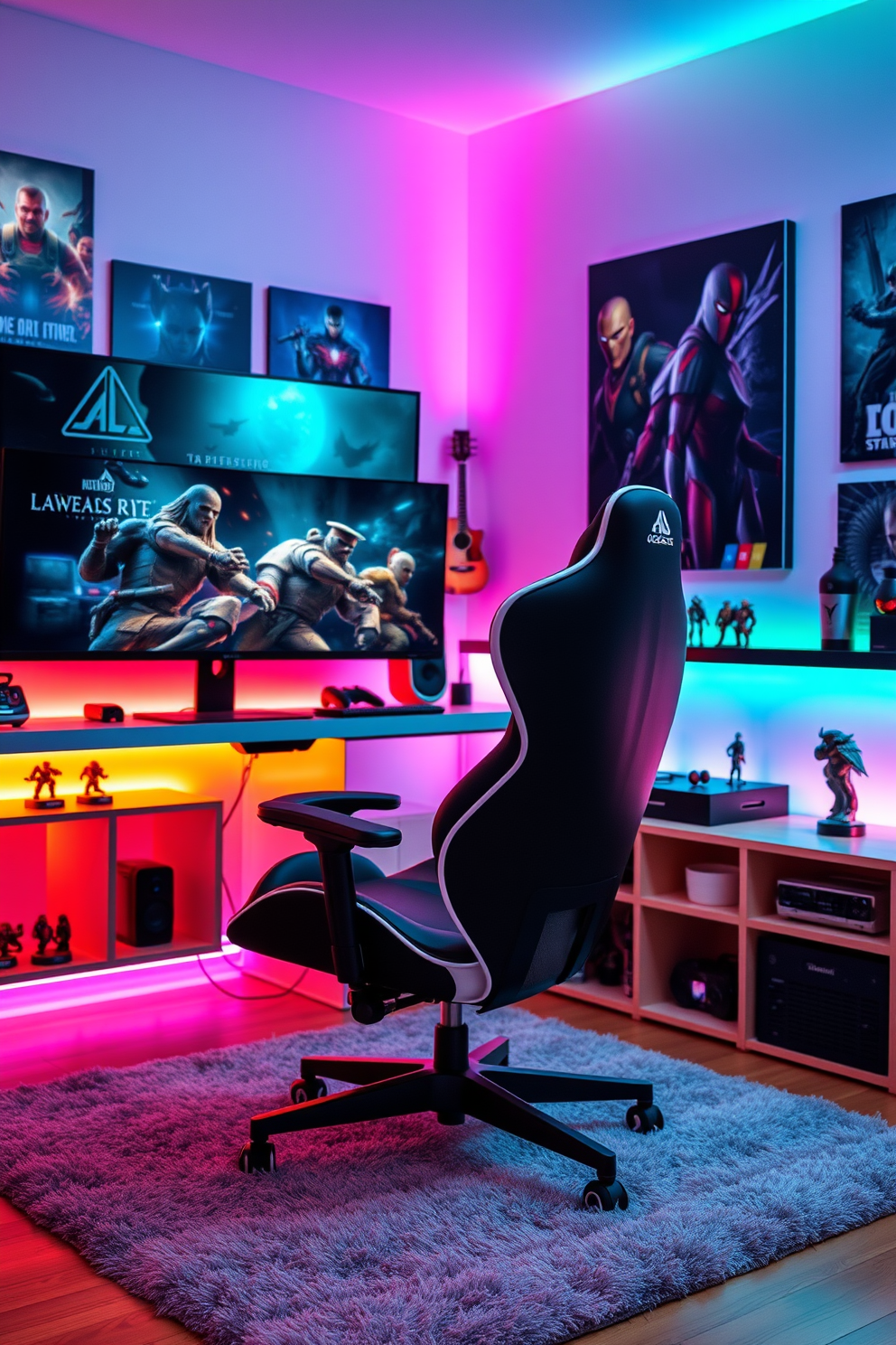 A modern gaming room featuring a sleek ergonomic gaming chair designed for optimal comfort and support. The chair is positioned in front of a large curved monitor, with RGB lighting illuminating the space for an immersive experience. The walls are adorned with posters of popular video games, creating a vibrant atmosphere. A plush area rug adds warmth to the room, while shelves display collectible figurines and gaming accessories.