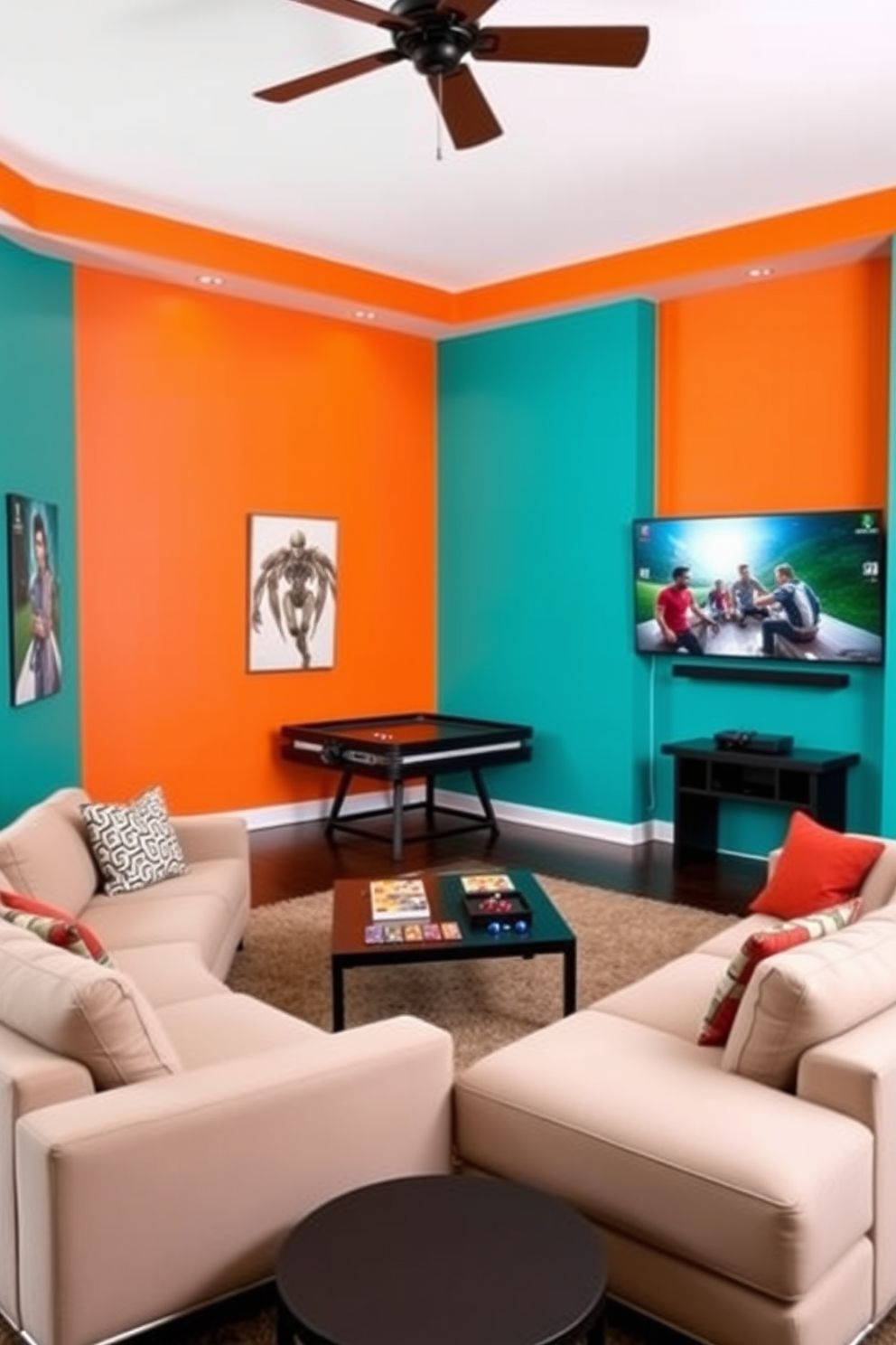 A vibrant game room filled with dynamic wall colors that energize the space. The walls are painted in bold shades of teal and orange, creating an inviting atmosphere for fun and entertainment. In the center of the room, a large sectional sofa in a neutral tone complements the colorful walls. A sleek coffee table holds board games, and a wall-mounted screen showcases the latest gaming technology.