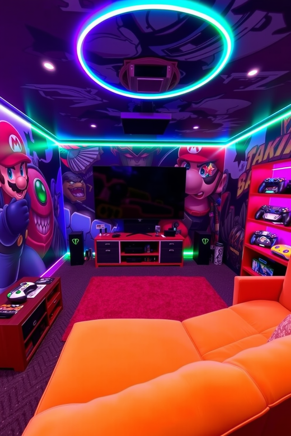 A vibrant game room inspired by favorite video games. The walls are adorned with large murals depicting iconic game characters, and colorful LED lights illuminate the space. A plush sectional sofa in a bold color faces a large screen, perfect for gaming marathons. Shelves filled with collectibles and game memorabilia add a personal touch to the room.